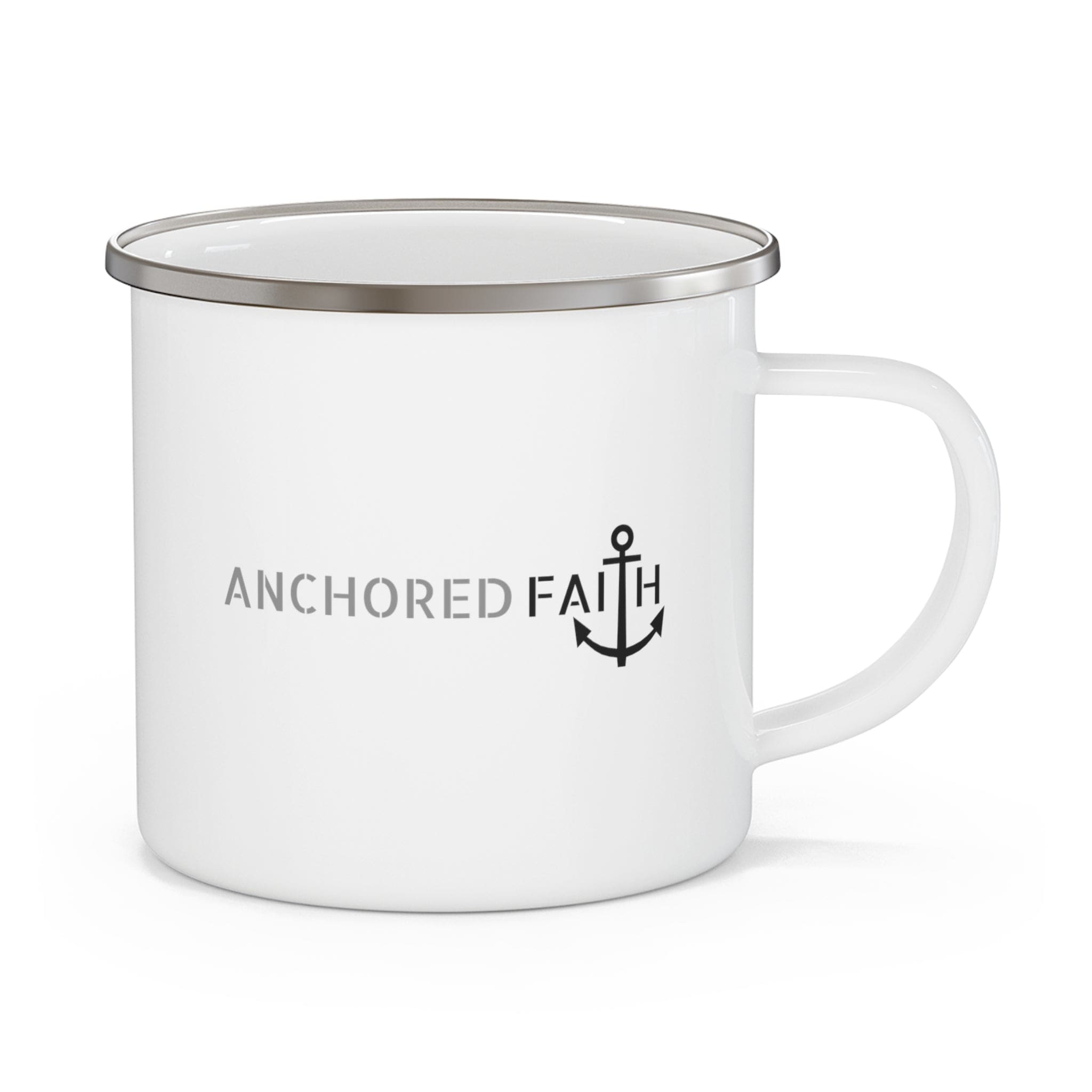 Durable enamel camping mug featuring an Anchored Faith inspirational illustration, perfect for outdoor and indoor use.