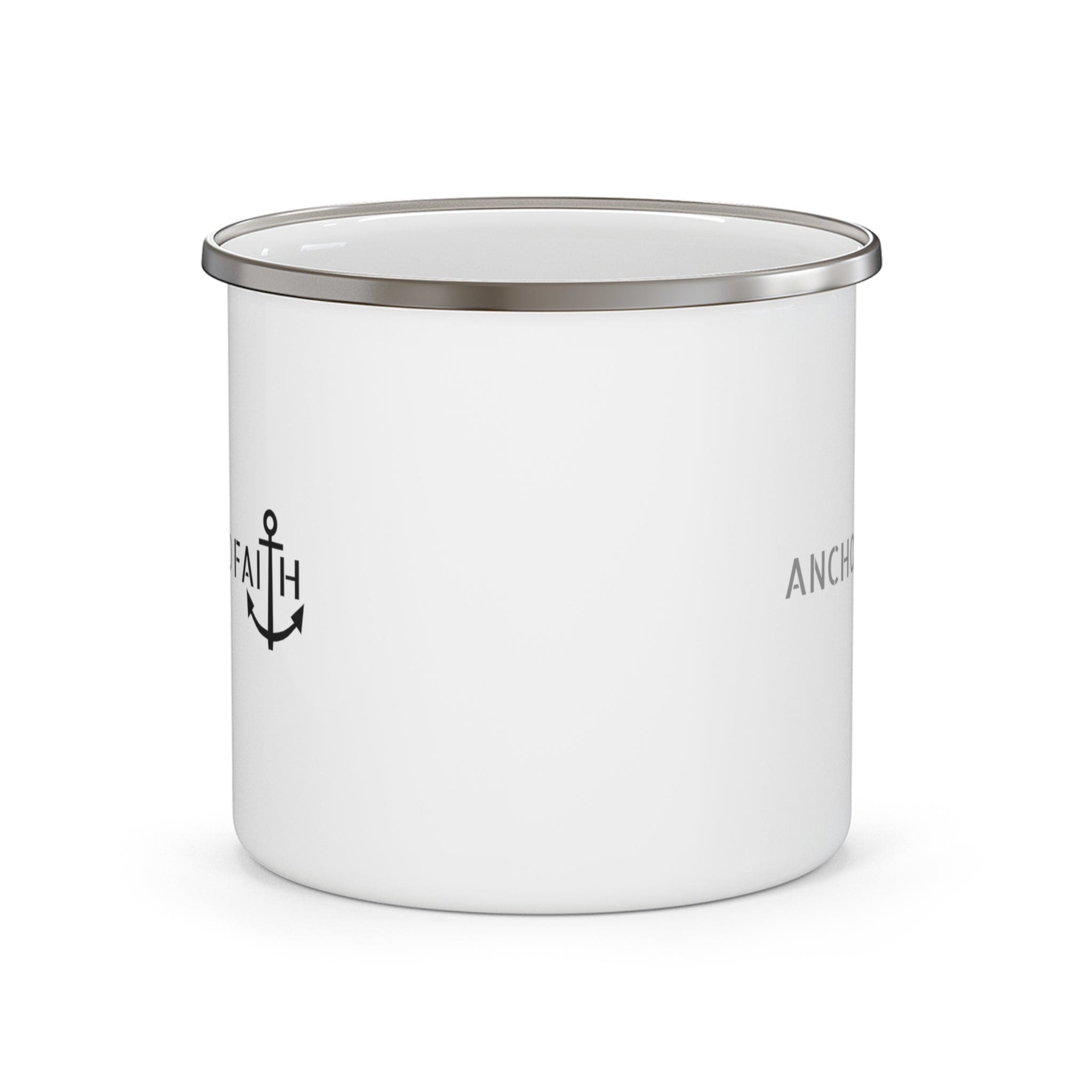 Durable enamel camping mug featuring an Anchored Faith inspirational illustration, perfect for outdoor and indoor use.