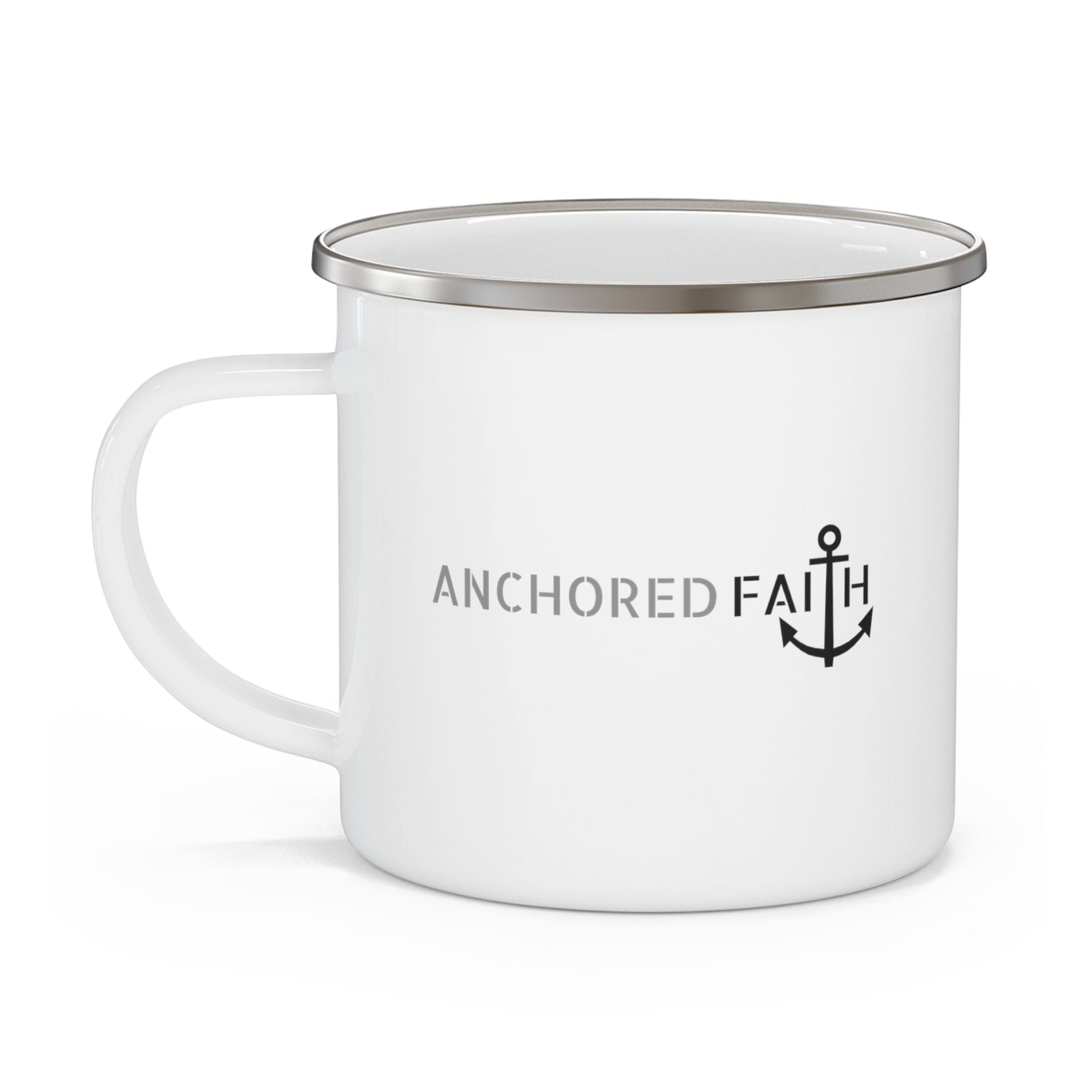 Durable enamel camping mug featuring an Anchored Faith inspirational illustration, perfect for outdoor and indoor use.