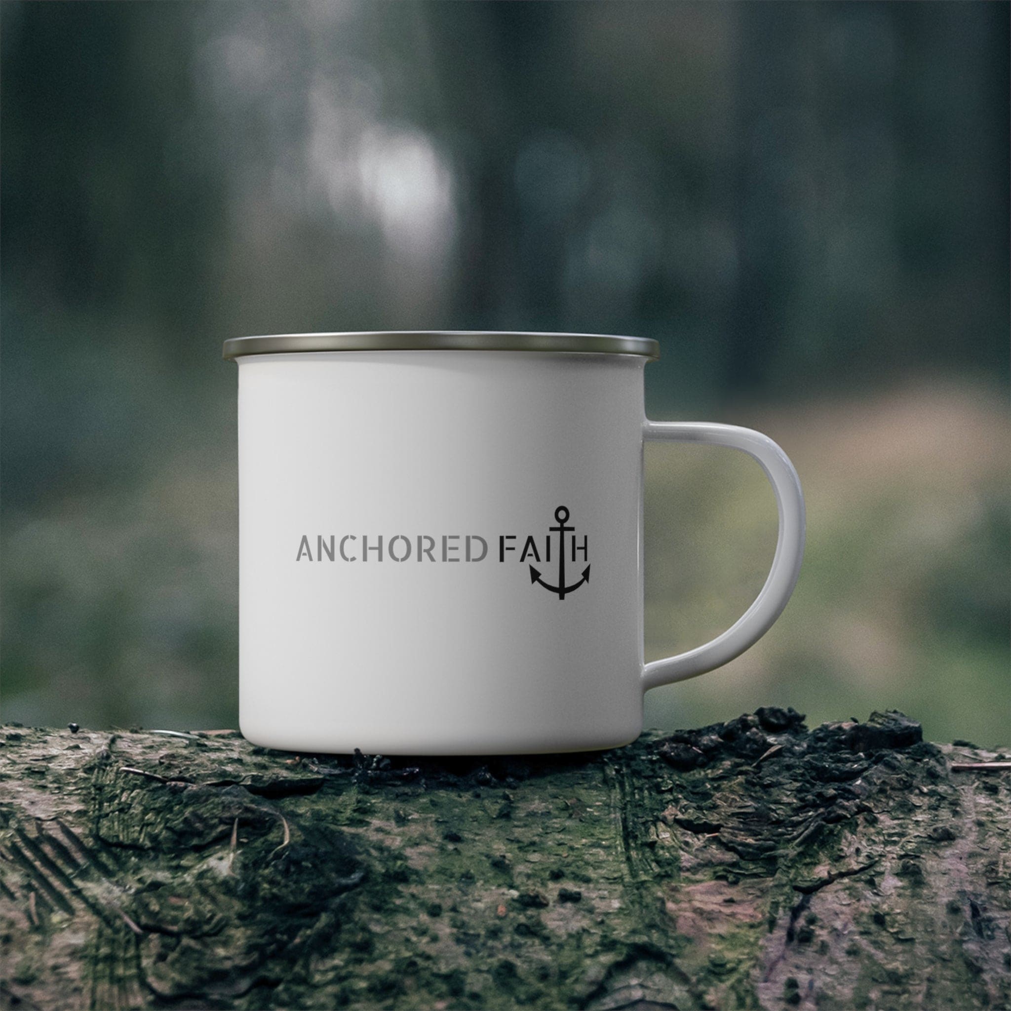 Durable enamel camping mug featuring an Anchored Faith inspirational illustration, perfect for outdoor and indoor use.