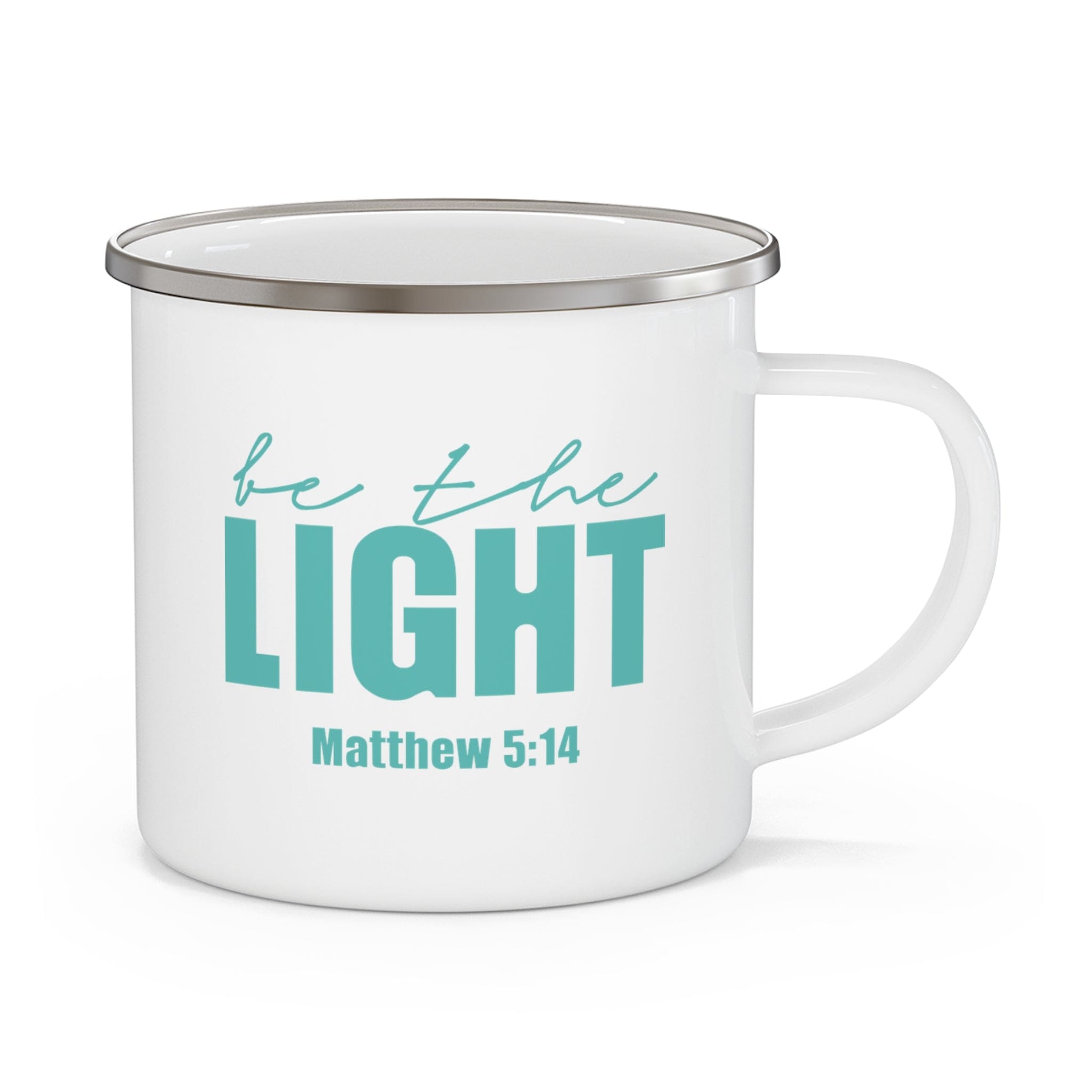 Durable enamel camping mug featuring a 'Be the Light' print, perfect for outdoor adventures and stylish drinkware.