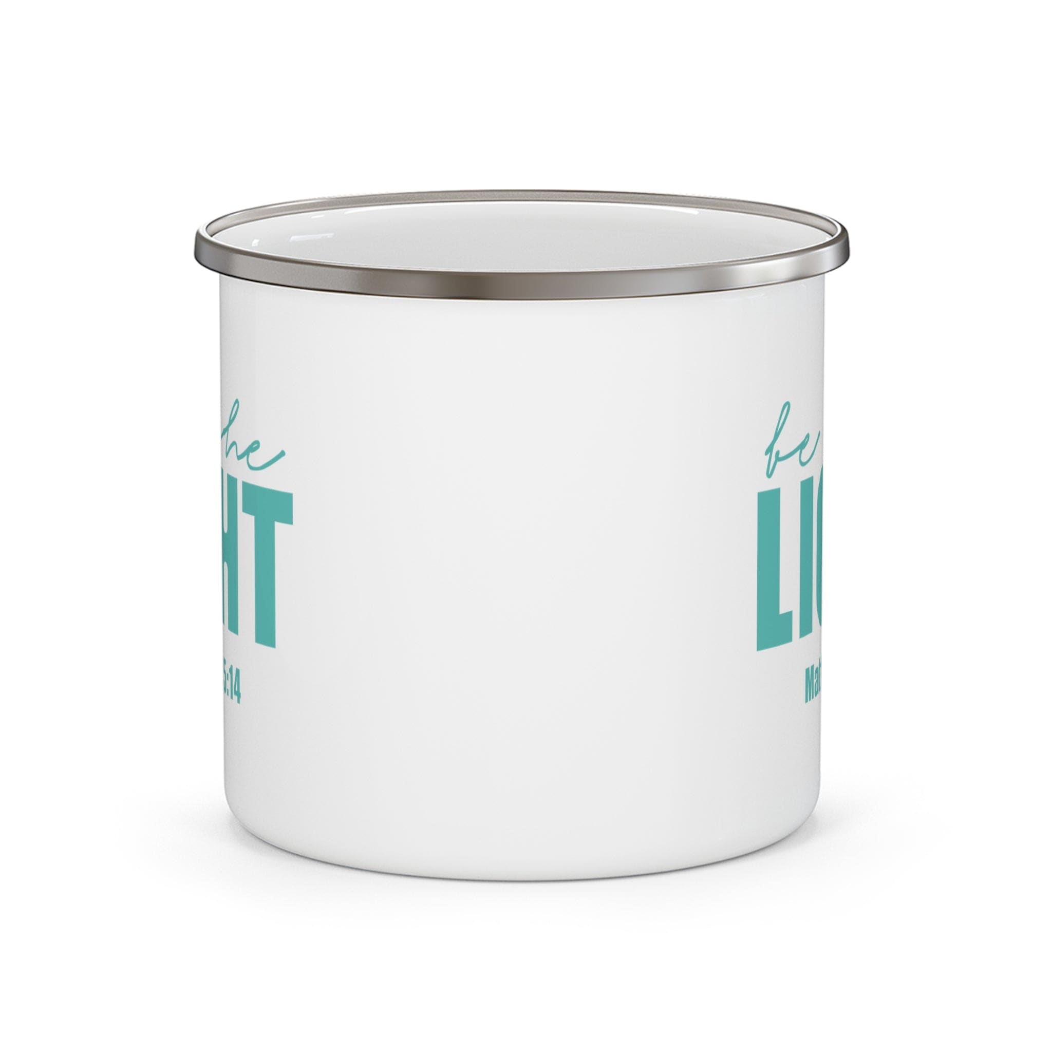 Durable enamel camping mug featuring a 'Be the Light' print, perfect for outdoor adventures and stylish drinkware.