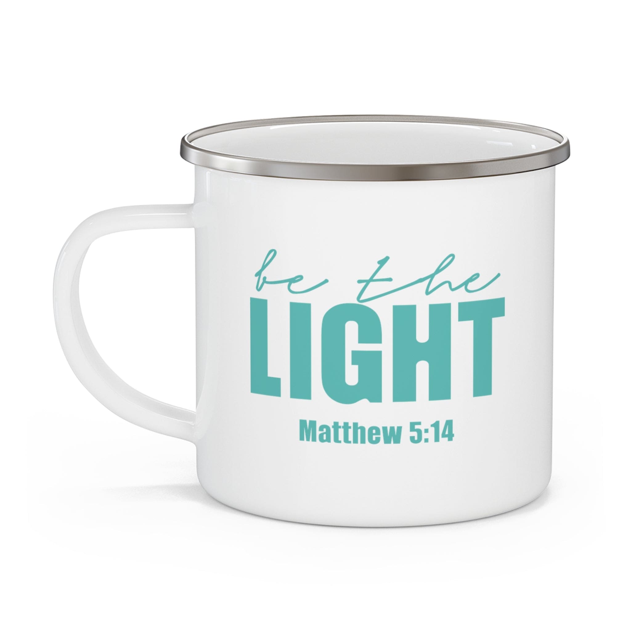 Durable enamel camping mug featuring a 'Be the Light' print, perfect for outdoor adventures and stylish drinkware.