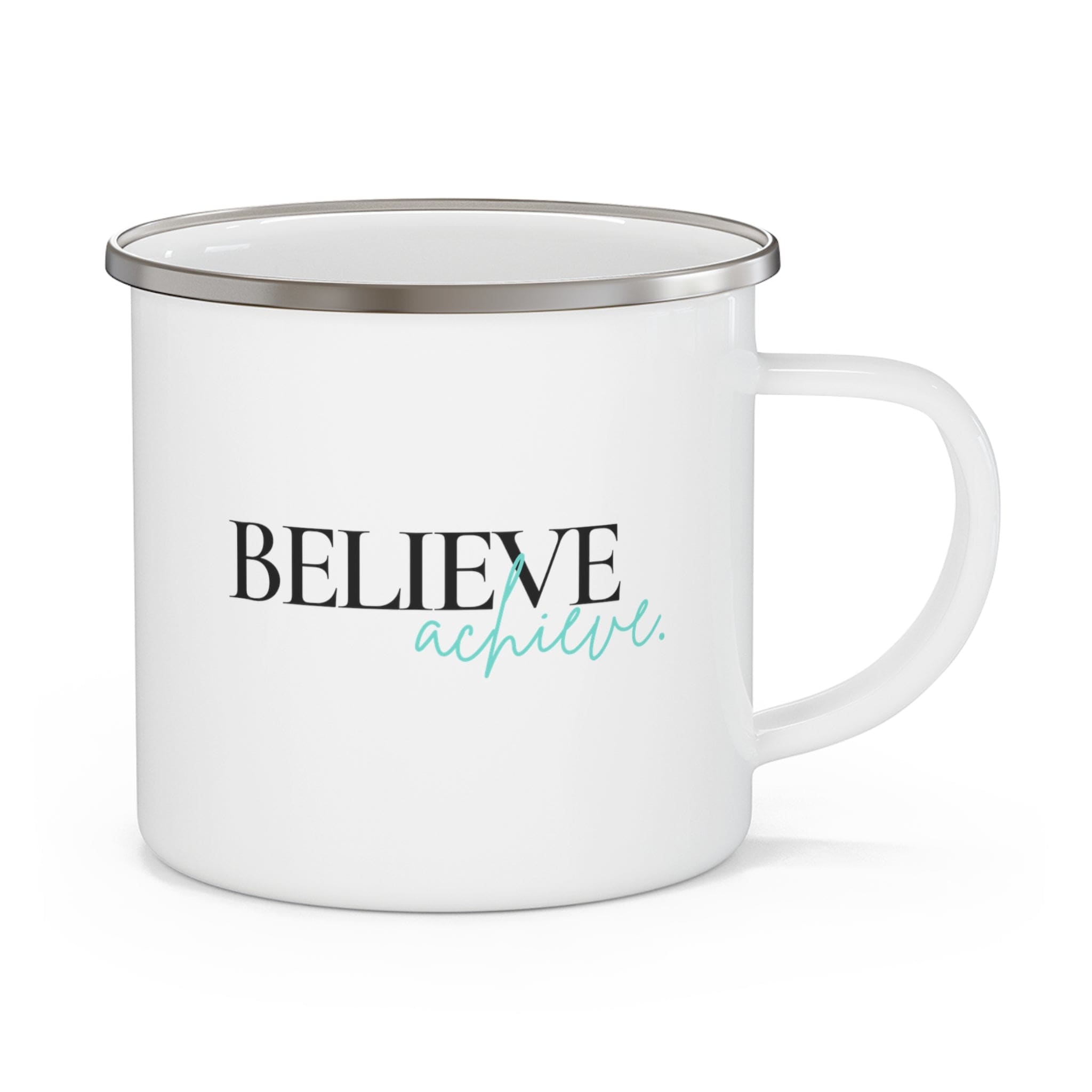 Durable enamel camping mug with 'Believe and Achieve' motivational design, perfect for coffee, tea, and cereal.