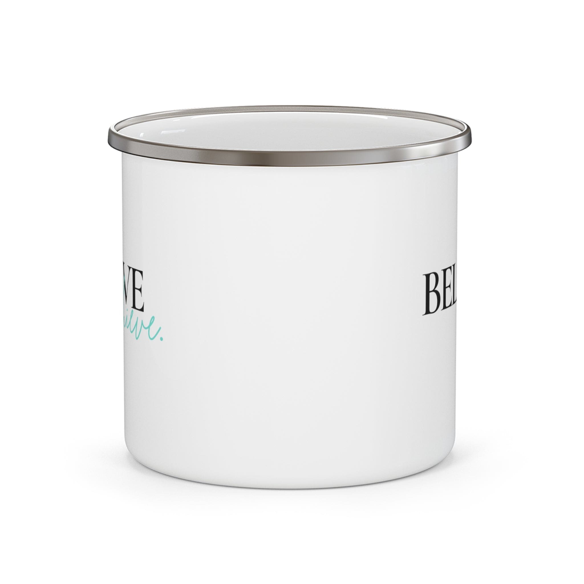 Durable enamel camping mug with 'Believe and Achieve' motivational design, perfect for coffee, tea, and cereal.