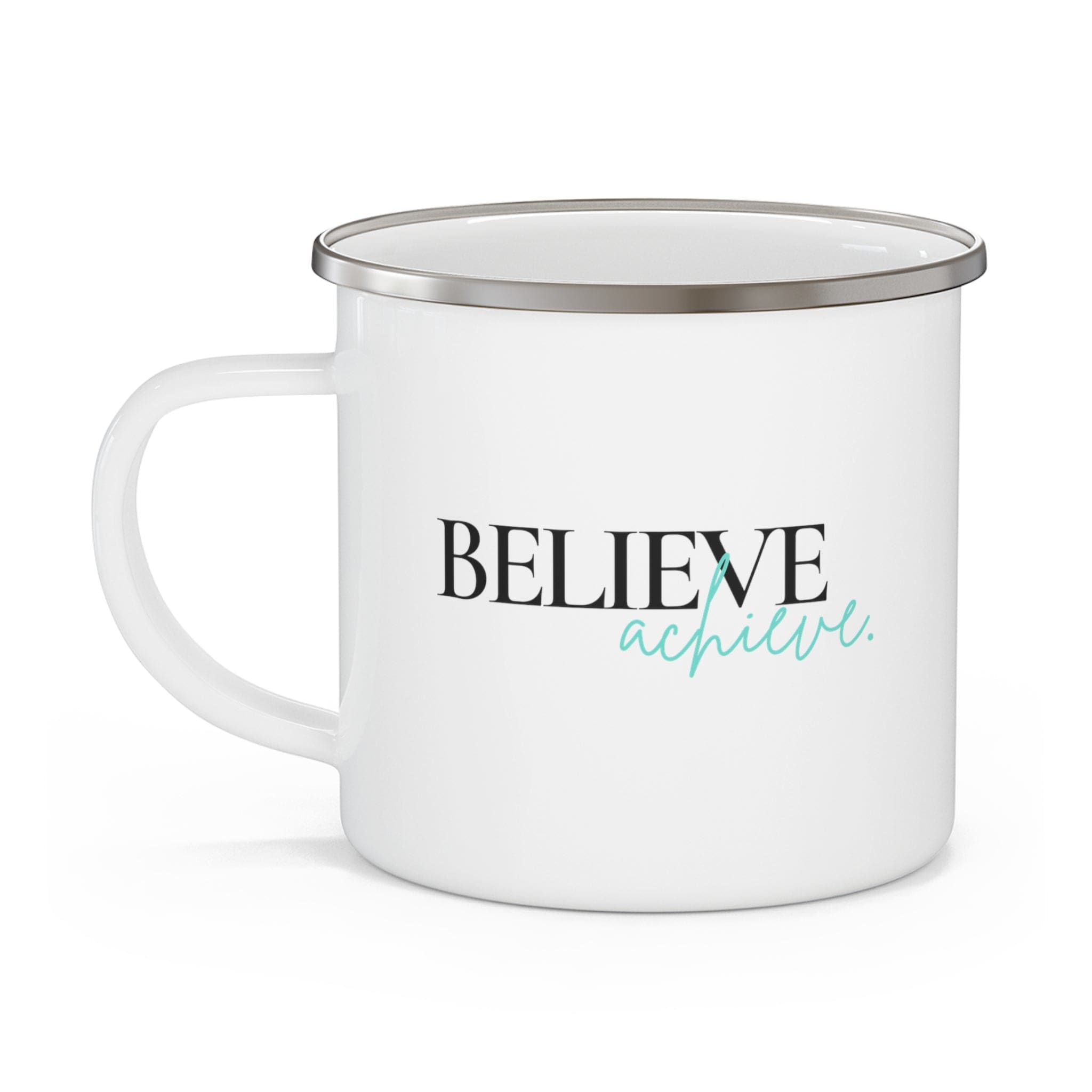 Durable enamel camping mug with 'Believe and Achieve' motivational design, perfect for coffee, tea, and cereal.