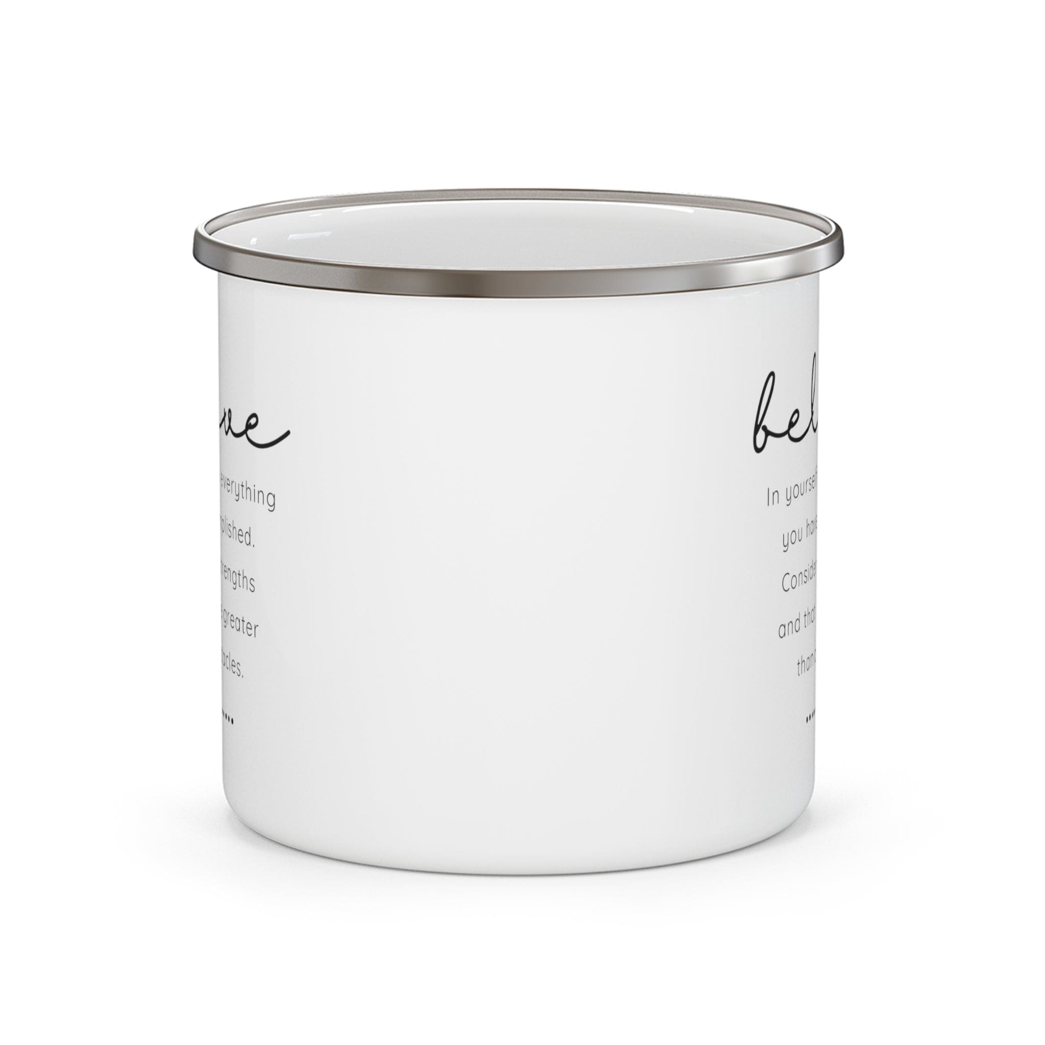 Enamel camping mug with 'Believe in Yourself' print, featuring a C-handle and rounded corners, perfect for outdoor and indoor use.