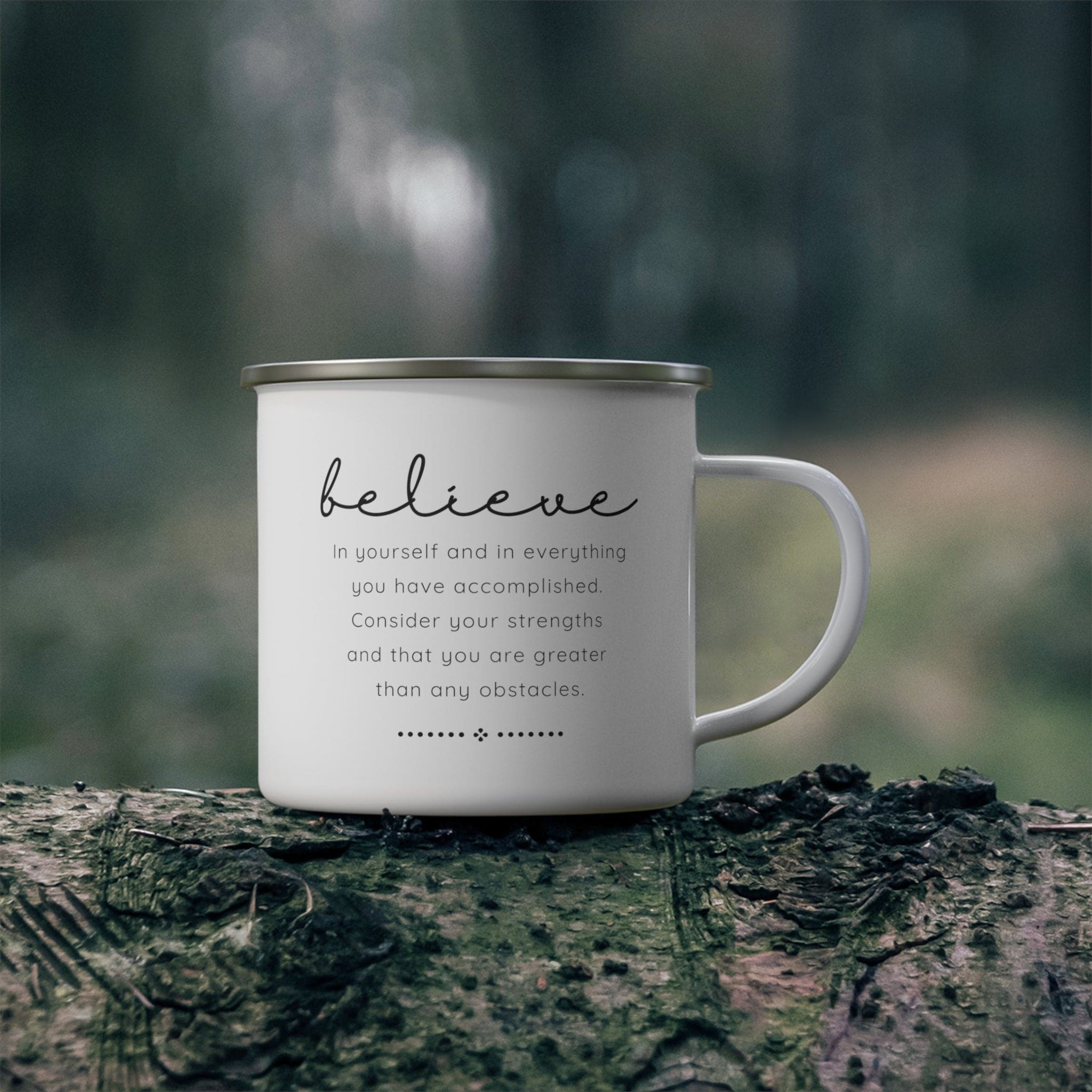 Enamel camping mug with 'Believe in Yourself' print, featuring a C-handle and rounded corners, perfect for outdoor and indoor use.