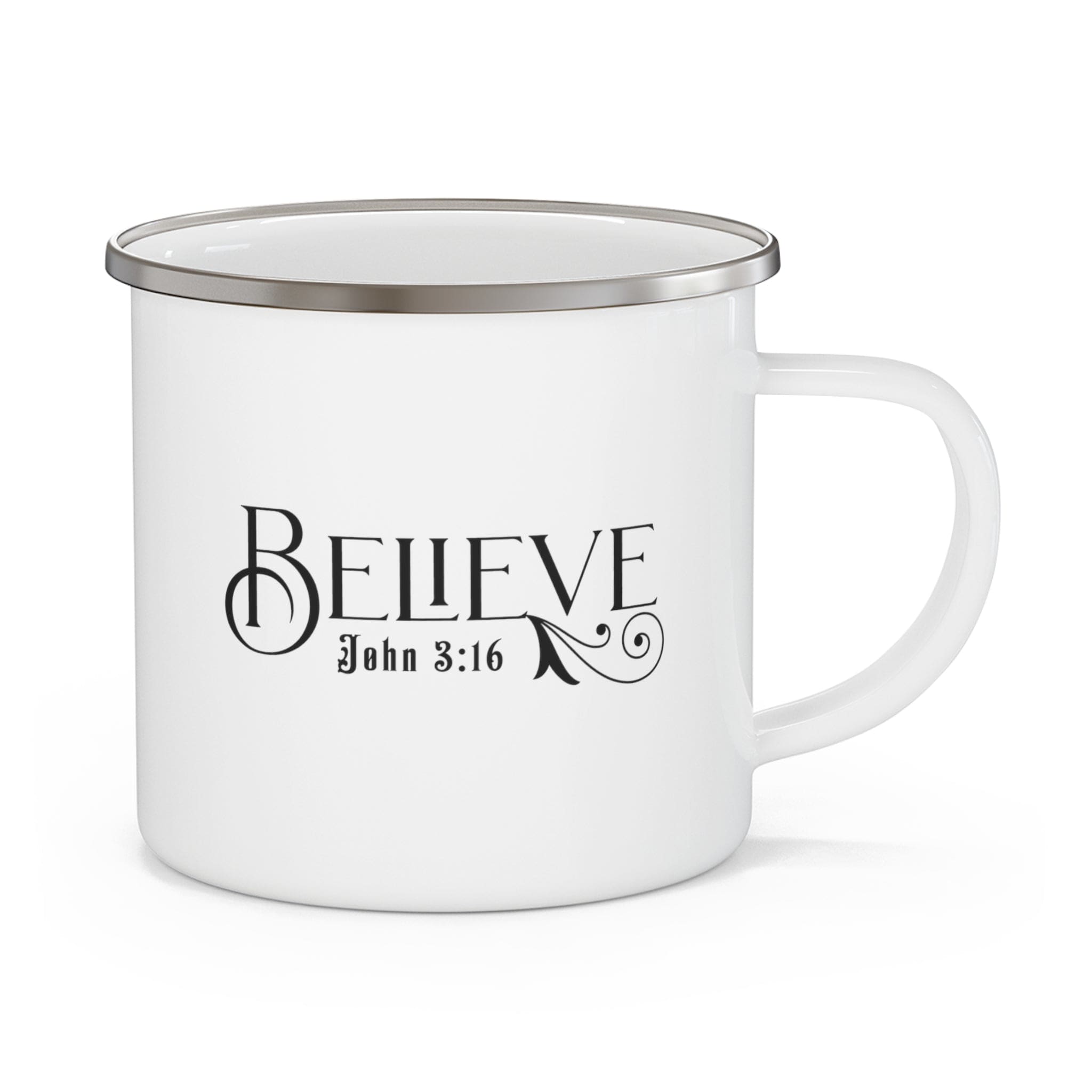 Enamel camping mug with black John 3:16 illustration, showcasing a durable design and C-handle.