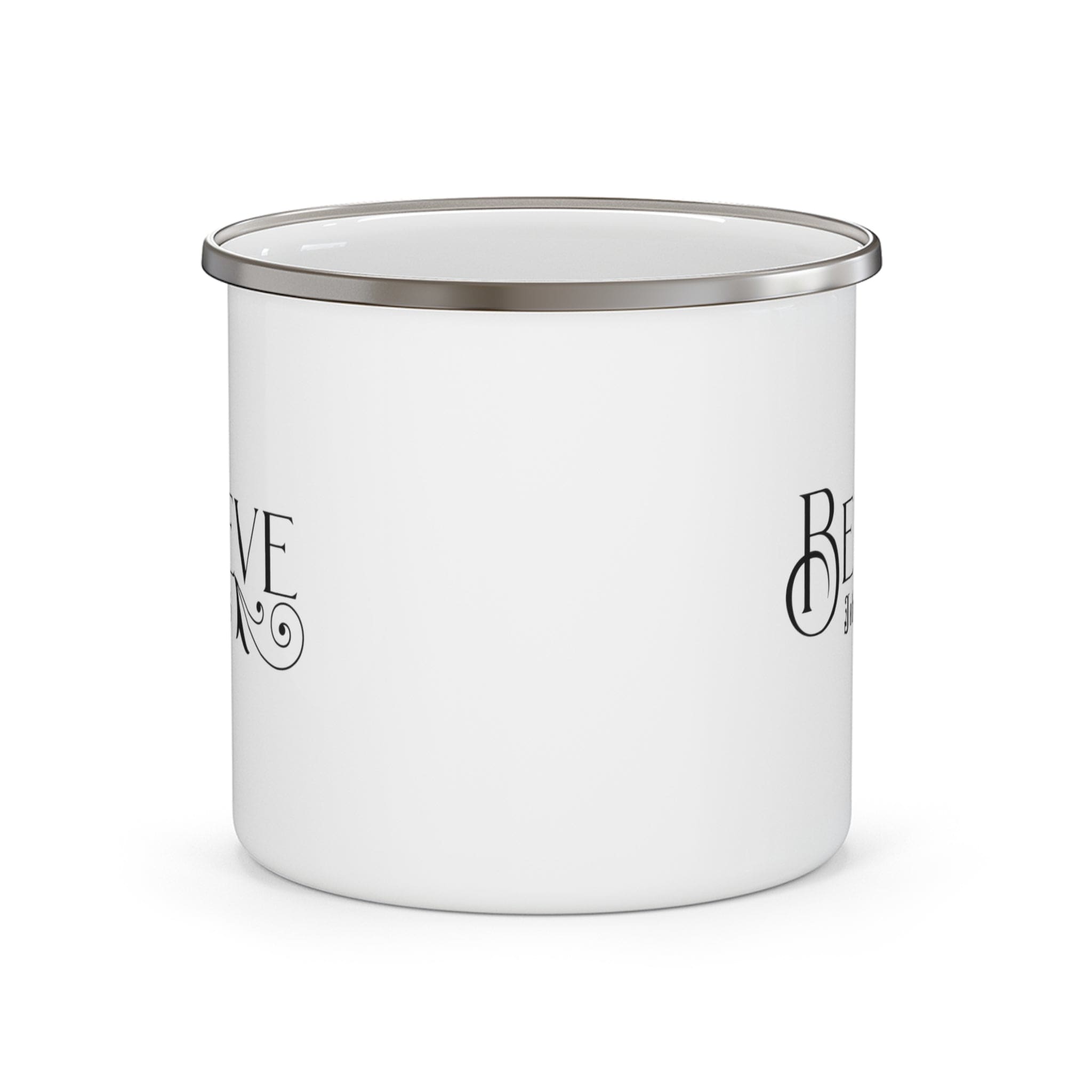 Enamel camping mug with black John 3:16 illustration, showcasing a durable design and C-handle.