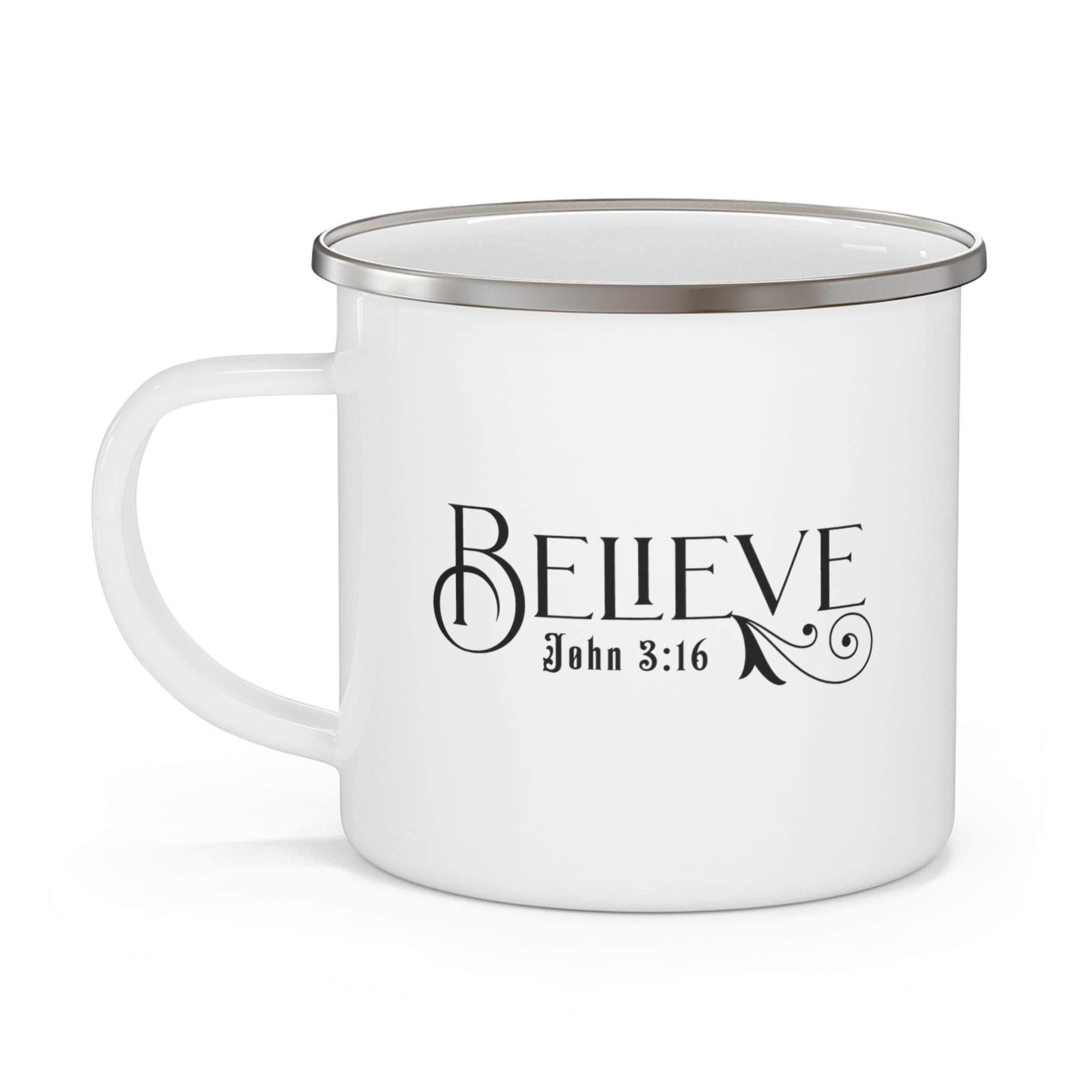 Enamel camping mug with black John 3:16 illustration, showcasing a durable design and C-handle.