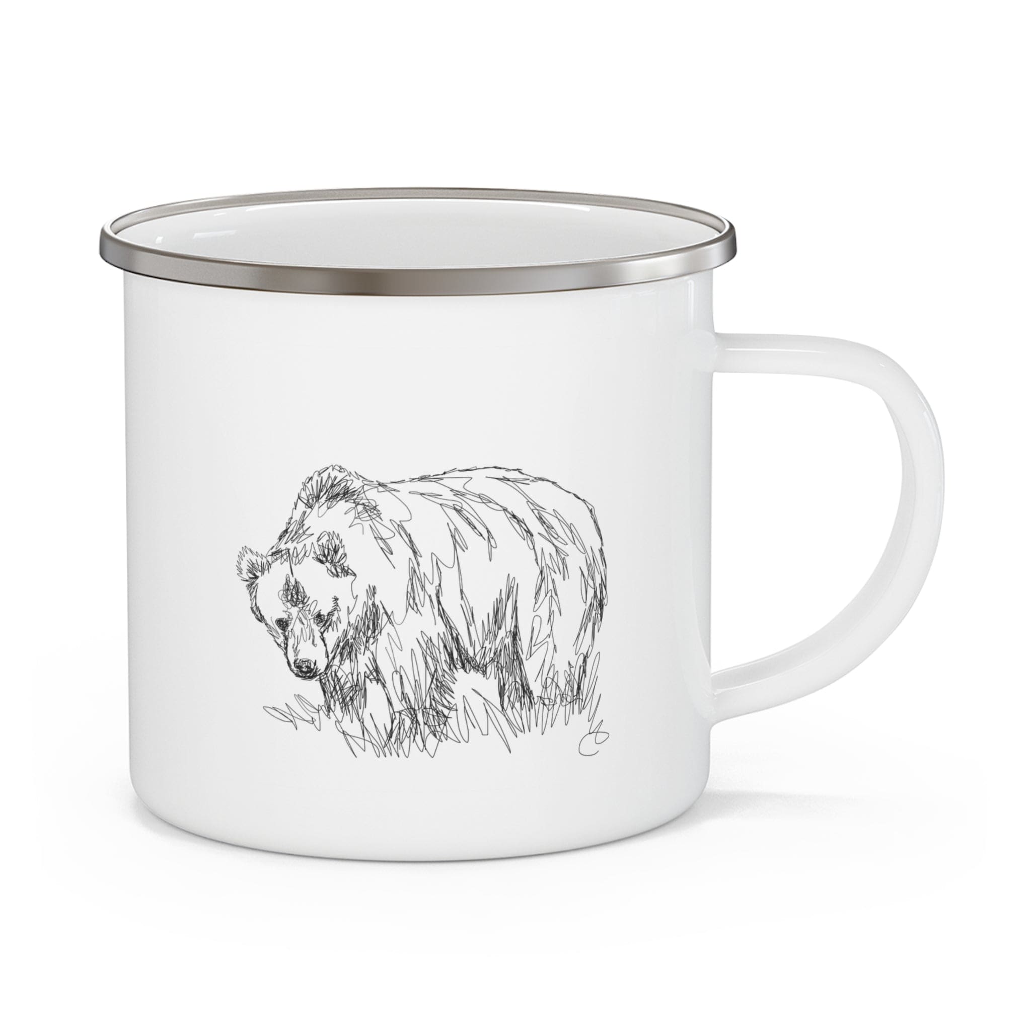 Durable enamel camping mug featuring wildlife line art sketch print, perfect for outdoor and indoor use.