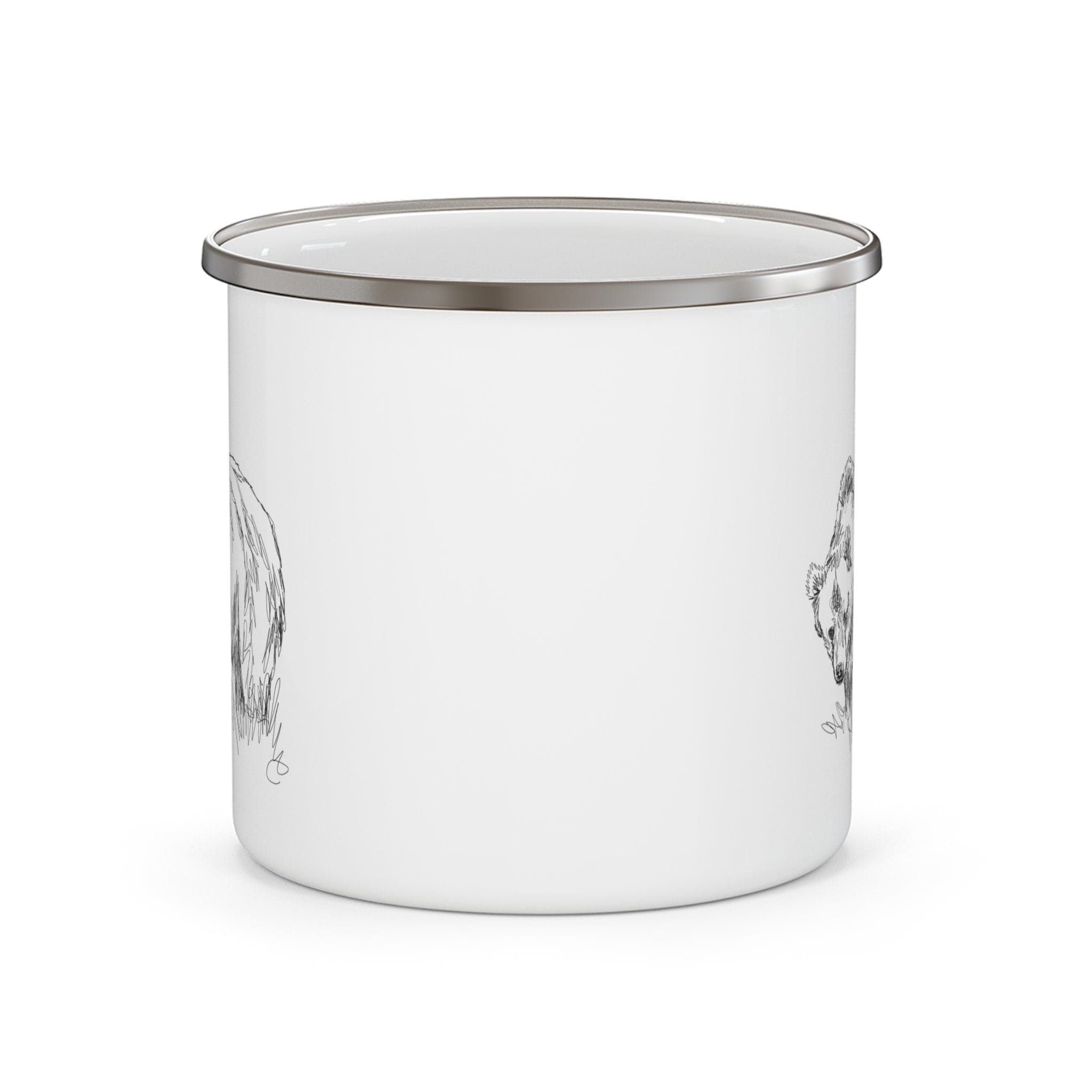 Durable enamel camping mug featuring wildlife line art sketch print, perfect for outdoor and indoor use.