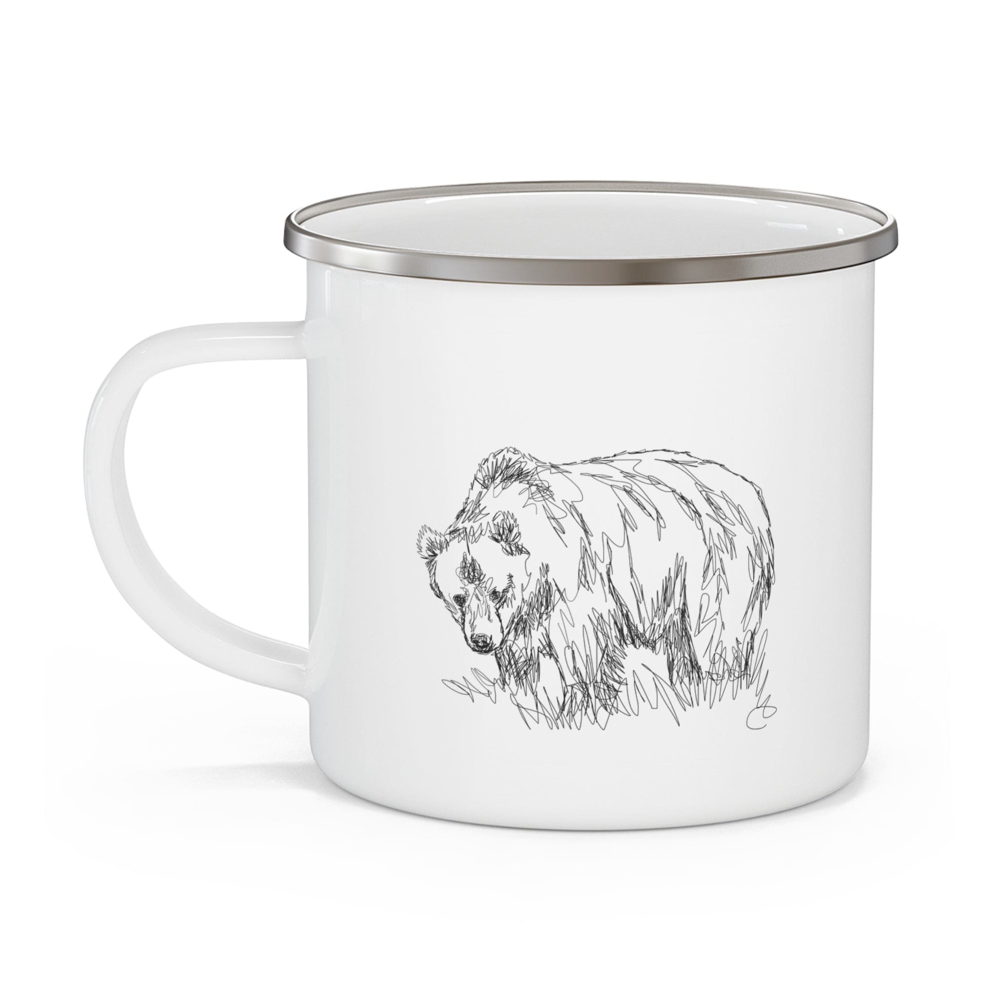 Durable enamel camping mug featuring wildlife line art sketch print, perfect for outdoor and indoor use.