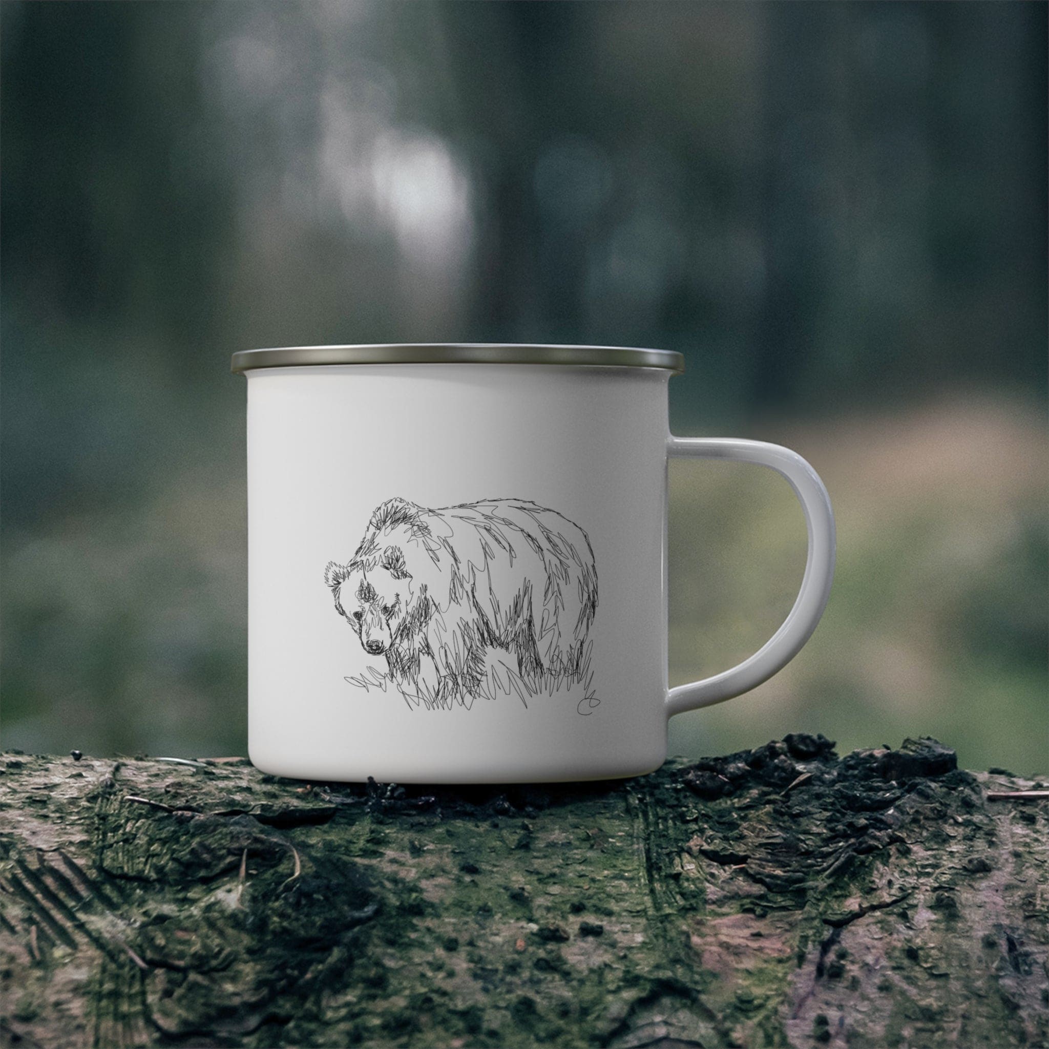 Durable enamel camping mug featuring wildlife line art sketch print, perfect for outdoor and indoor use.