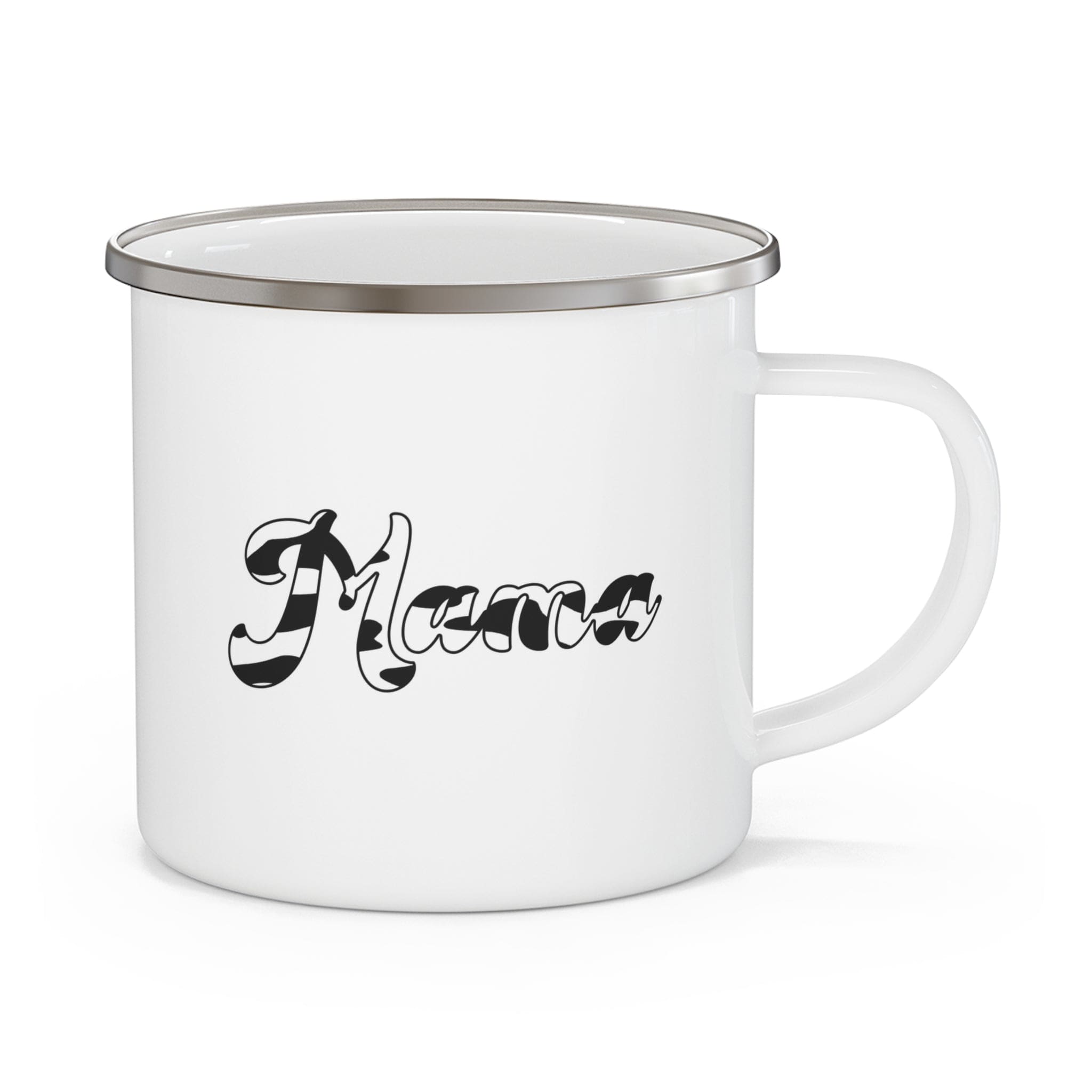 Enamel Camping Mug featuring a black and white abstract Mama pattern, perfect for outdoor and indoor use.