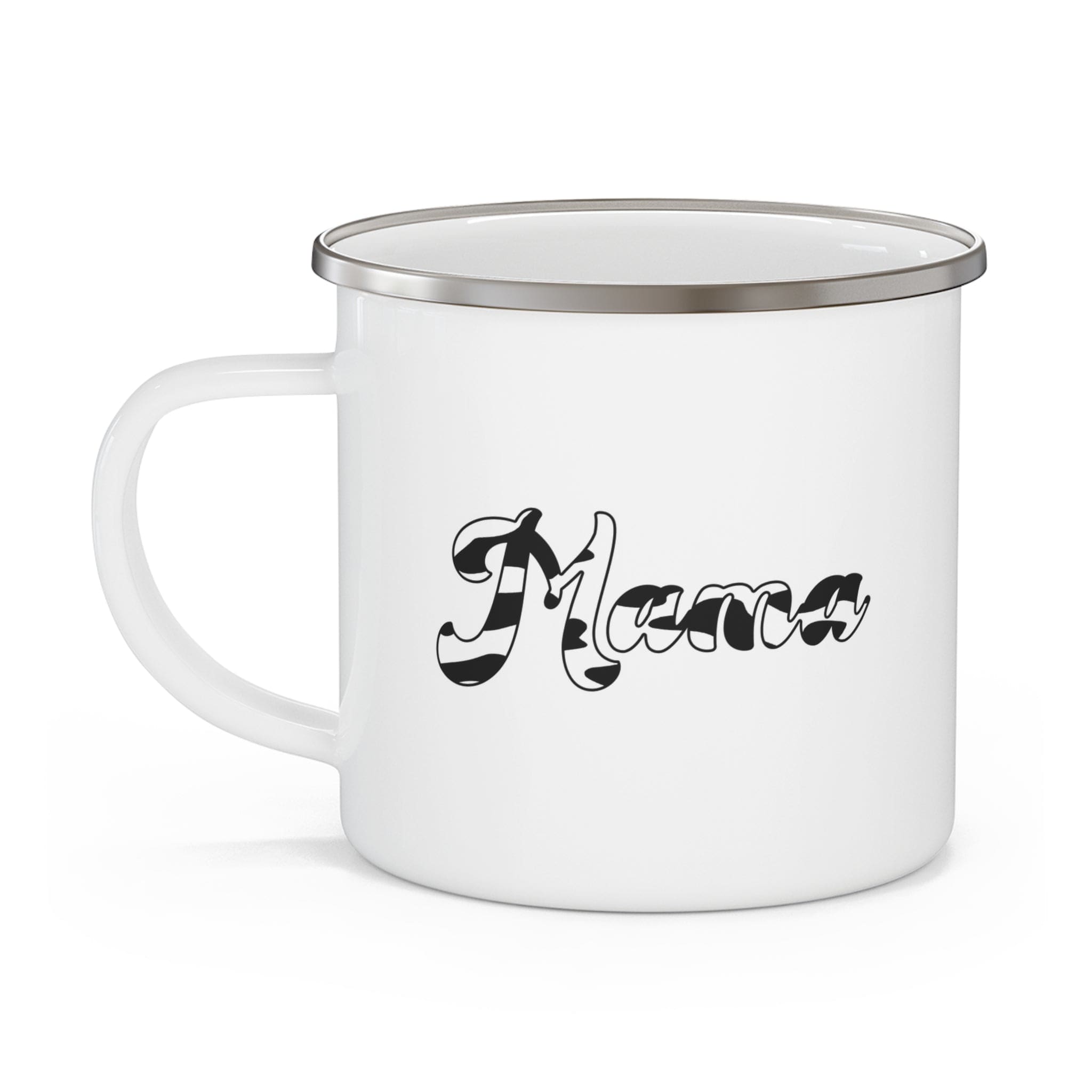 Enamel Camping Mug featuring a black and white abstract Mama pattern, perfect for outdoor and indoor use.