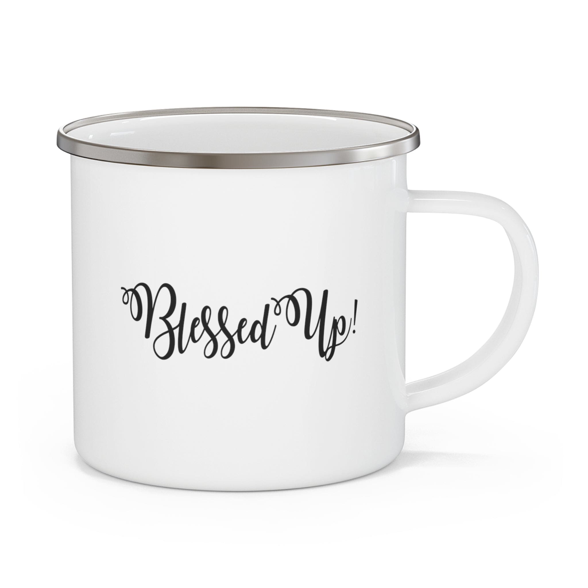 Durable enamel camping mug with a black illustration featuring the quote 'Blessed Up', perfect for outdoor and indoor use.