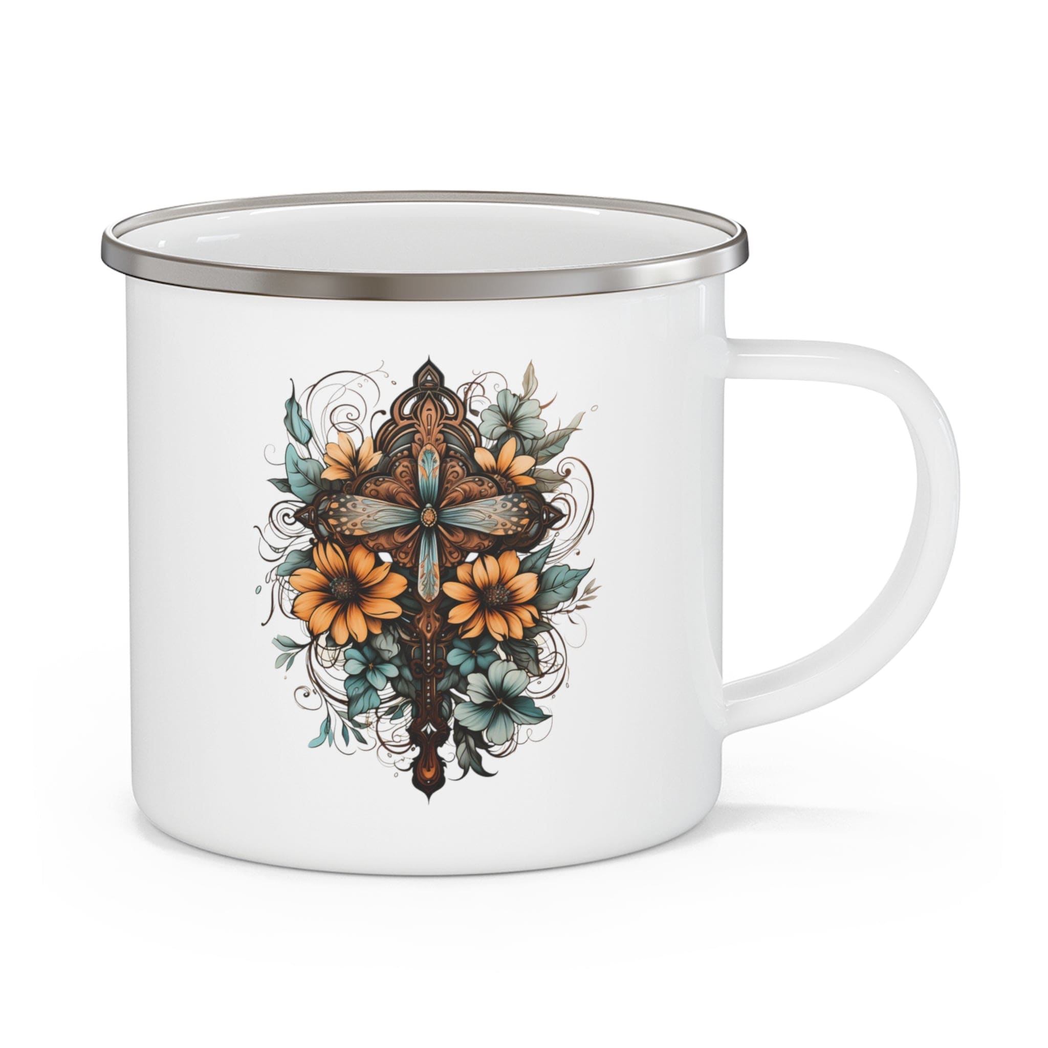 Blue, brown, and yellow enamel camping mug featuring a Christian cross floral bouquet design, perfect for outdoor and indoor use.