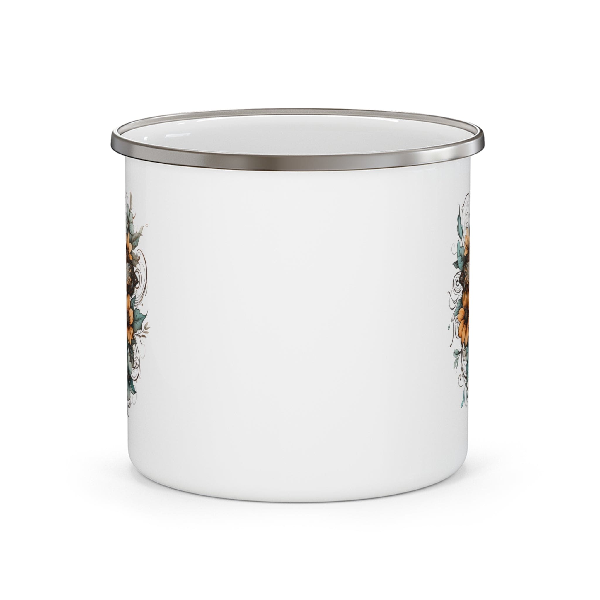 Blue, brown, and yellow enamel camping mug featuring a Christian cross floral bouquet design, perfect for outdoor and indoor use.