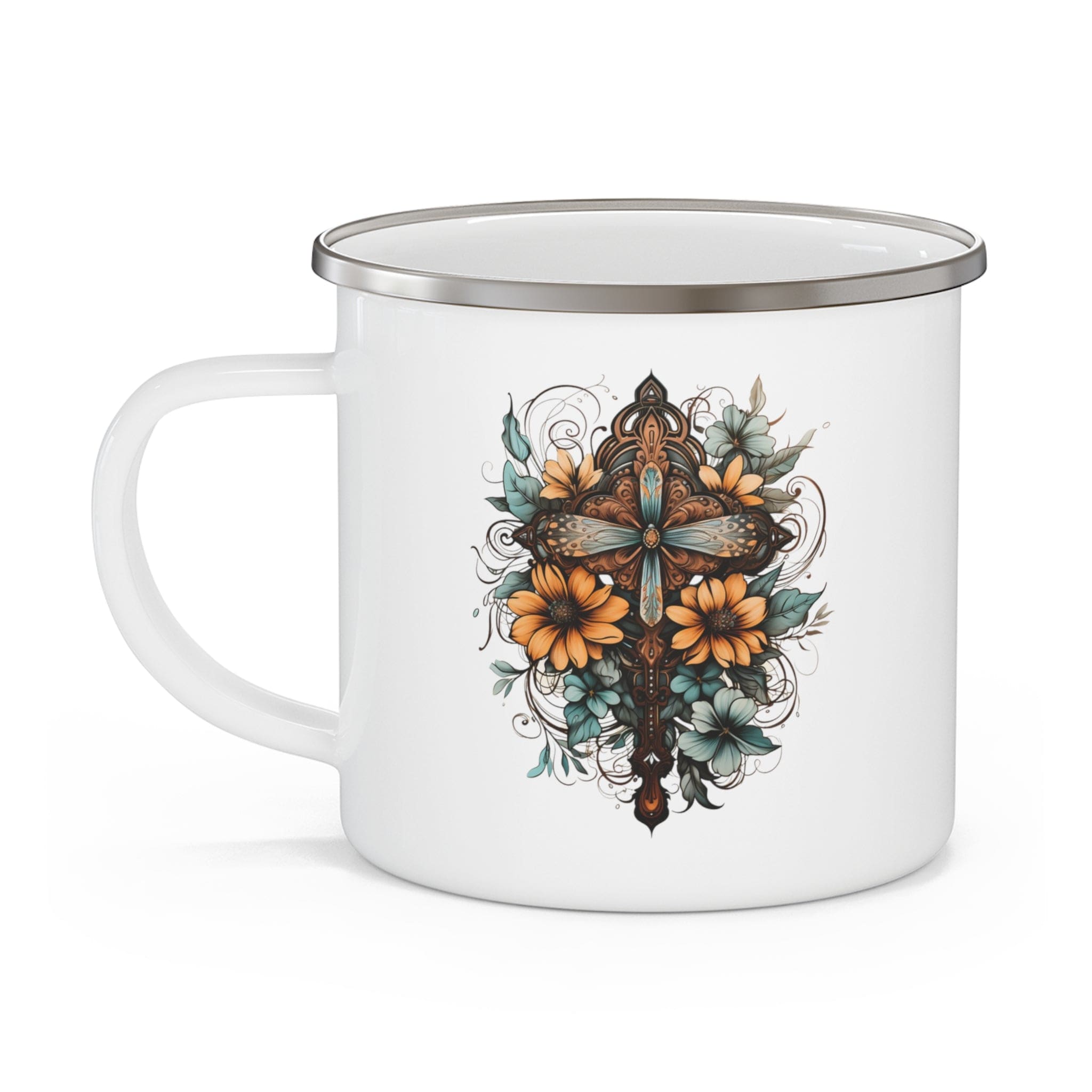 Blue, brown, and yellow enamel camping mug featuring a Christian cross floral bouquet design, perfect for outdoor and indoor use.