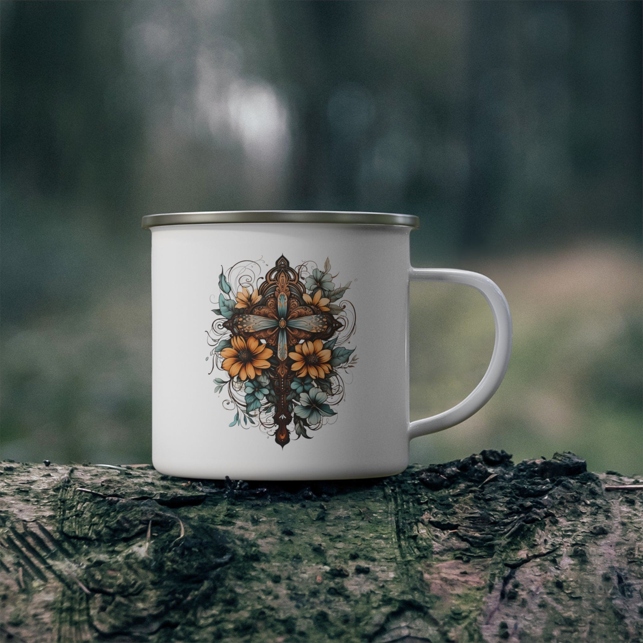 Blue, brown, and yellow enamel camping mug featuring a Christian cross floral bouquet design, perfect for outdoor and indoor use.