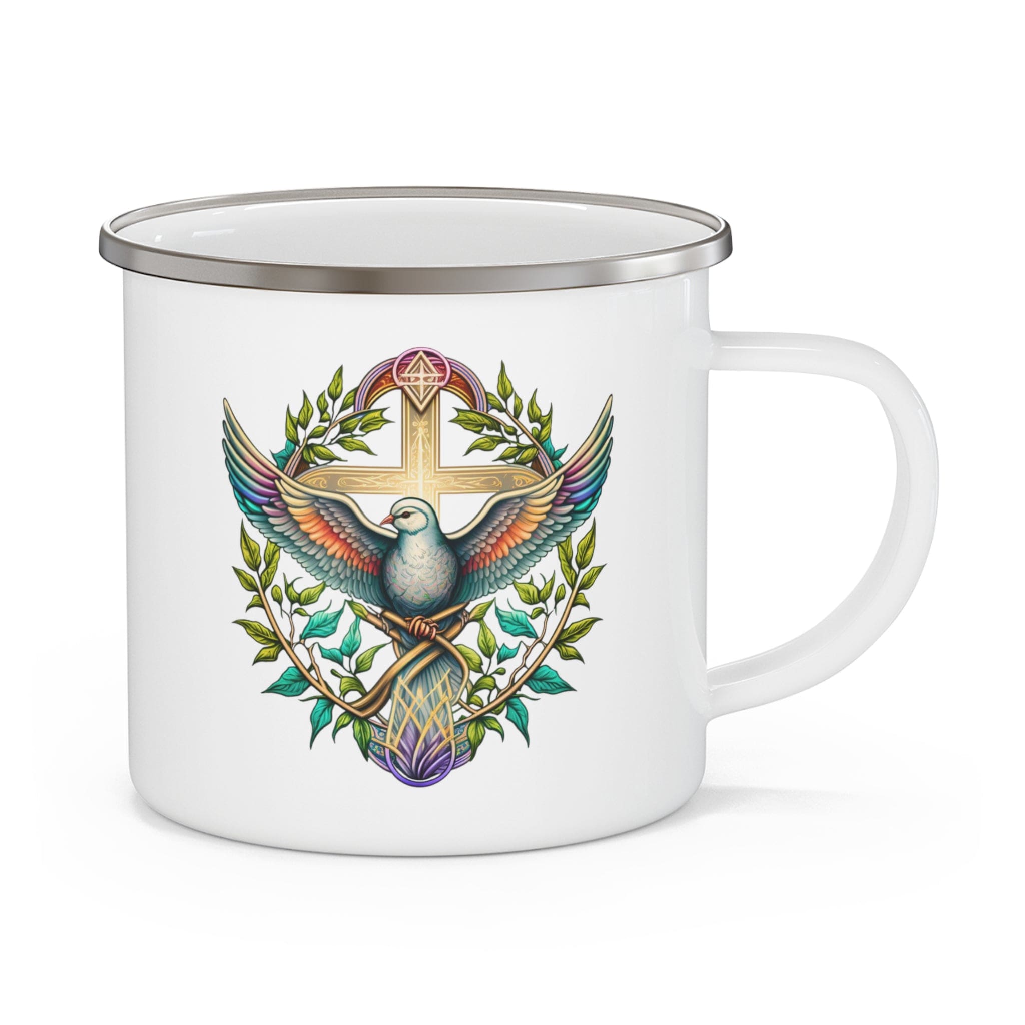 Blue green enamel camping mug featuring a multicolor dove floral illustration, perfect for outdoor activities.