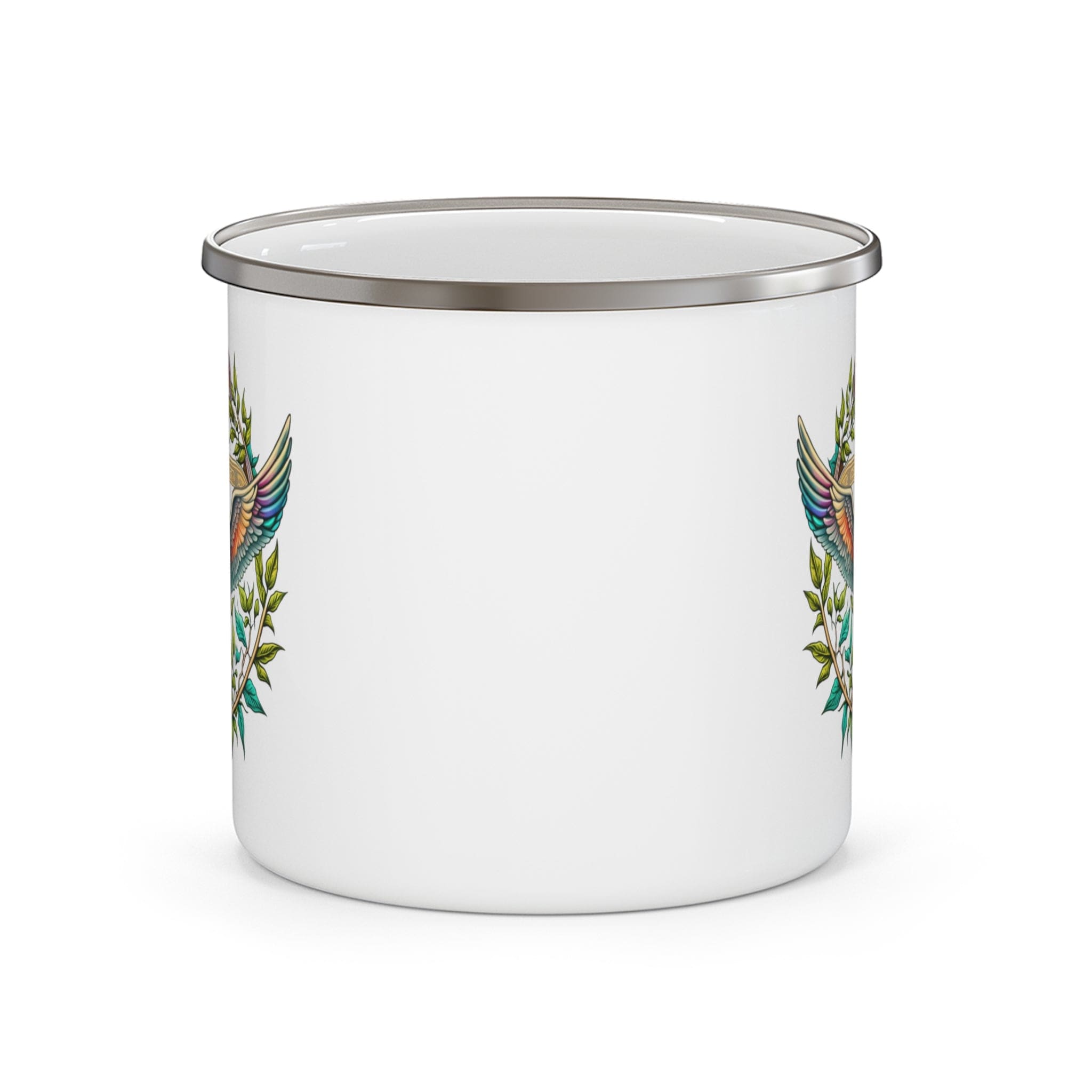 Blue green enamel camping mug featuring a multicolor dove floral illustration, perfect for outdoor activities.