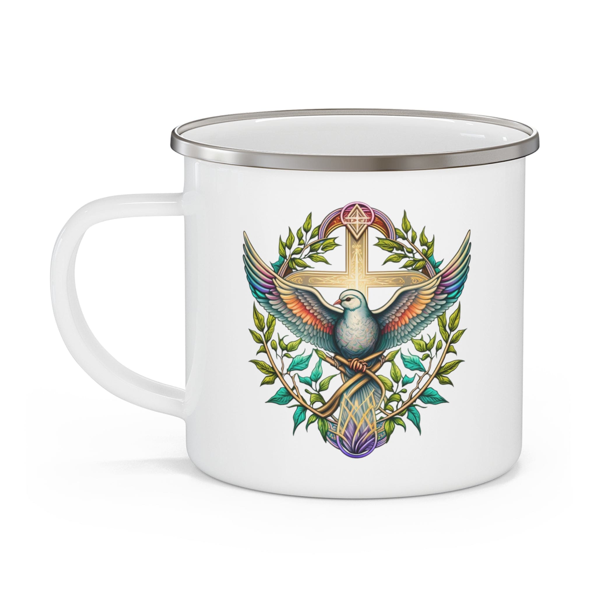 Blue green enamel camping mug featuring a multicolor dove floral illustration, perfect for outdoor activities.