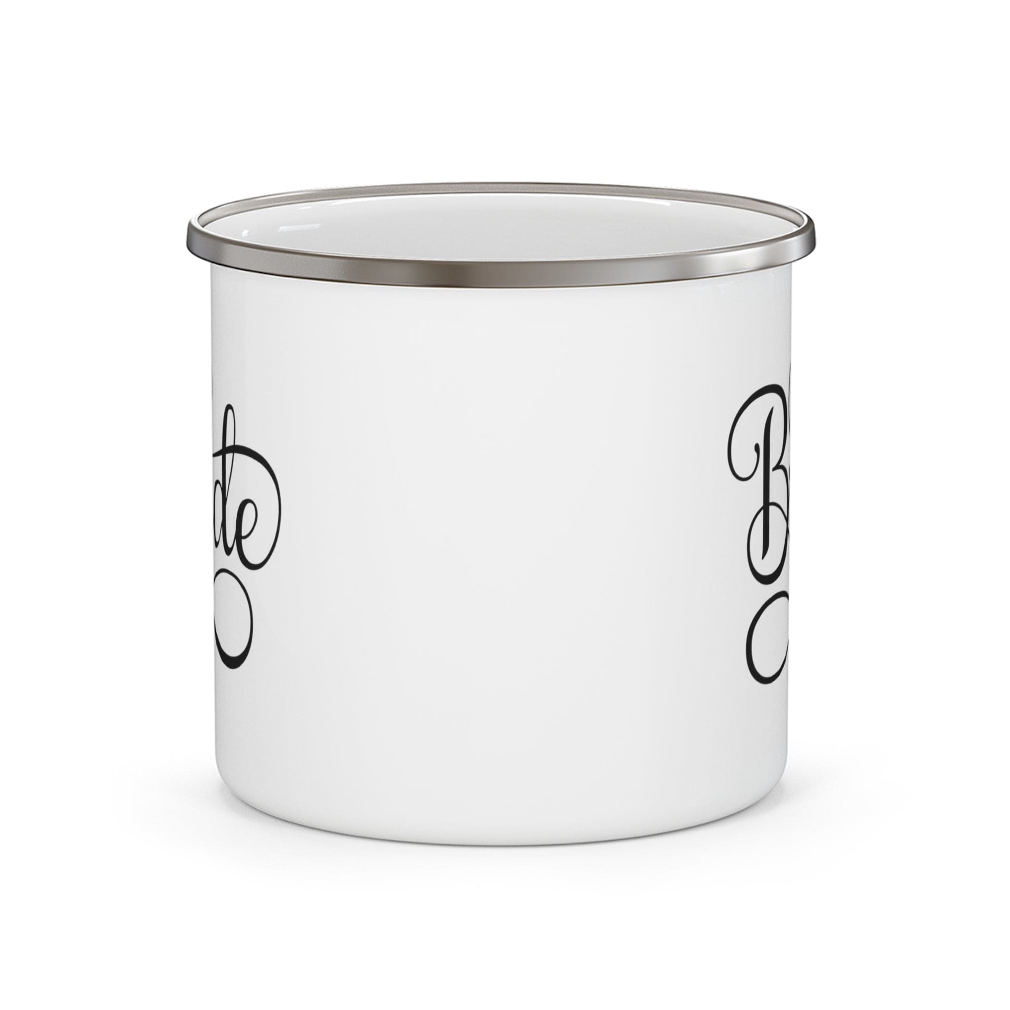 A stylish enamel camping mug with a C-handle, perfect for brides and outdoor activities, showcasing its durable stainless steel construction.