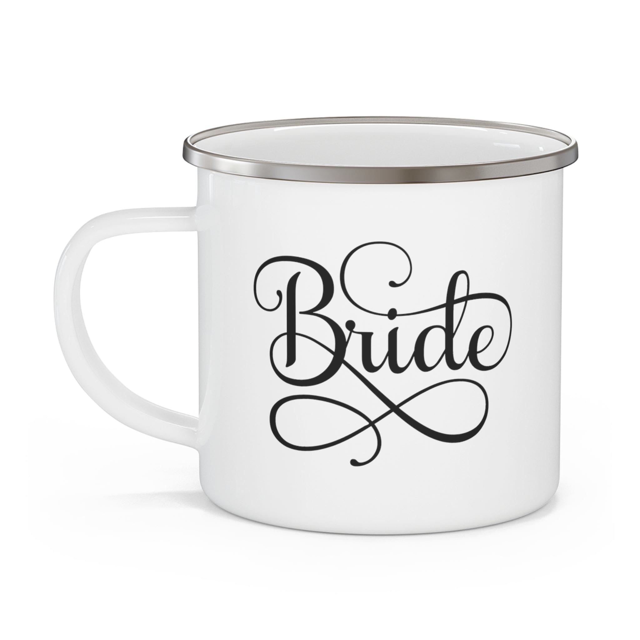 A stylish enamel camping mug with a C-handle, perfect for brides and outdoor activities, showcasing its durable stainless steel construction.