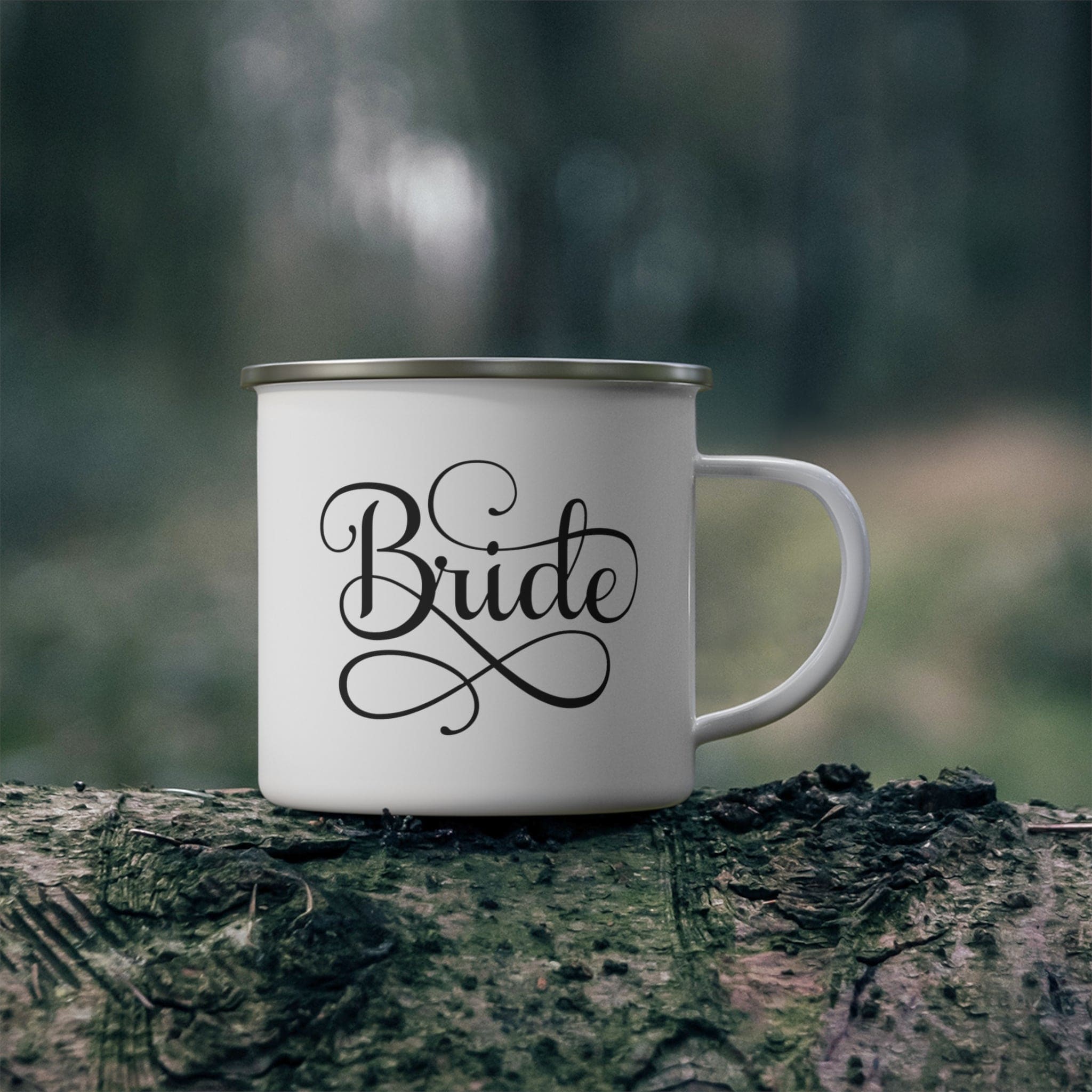 A stylish enamel camping mug with a C-handle, perfect for brides and outdoor activities, showcasing its durable stainless steel construction.