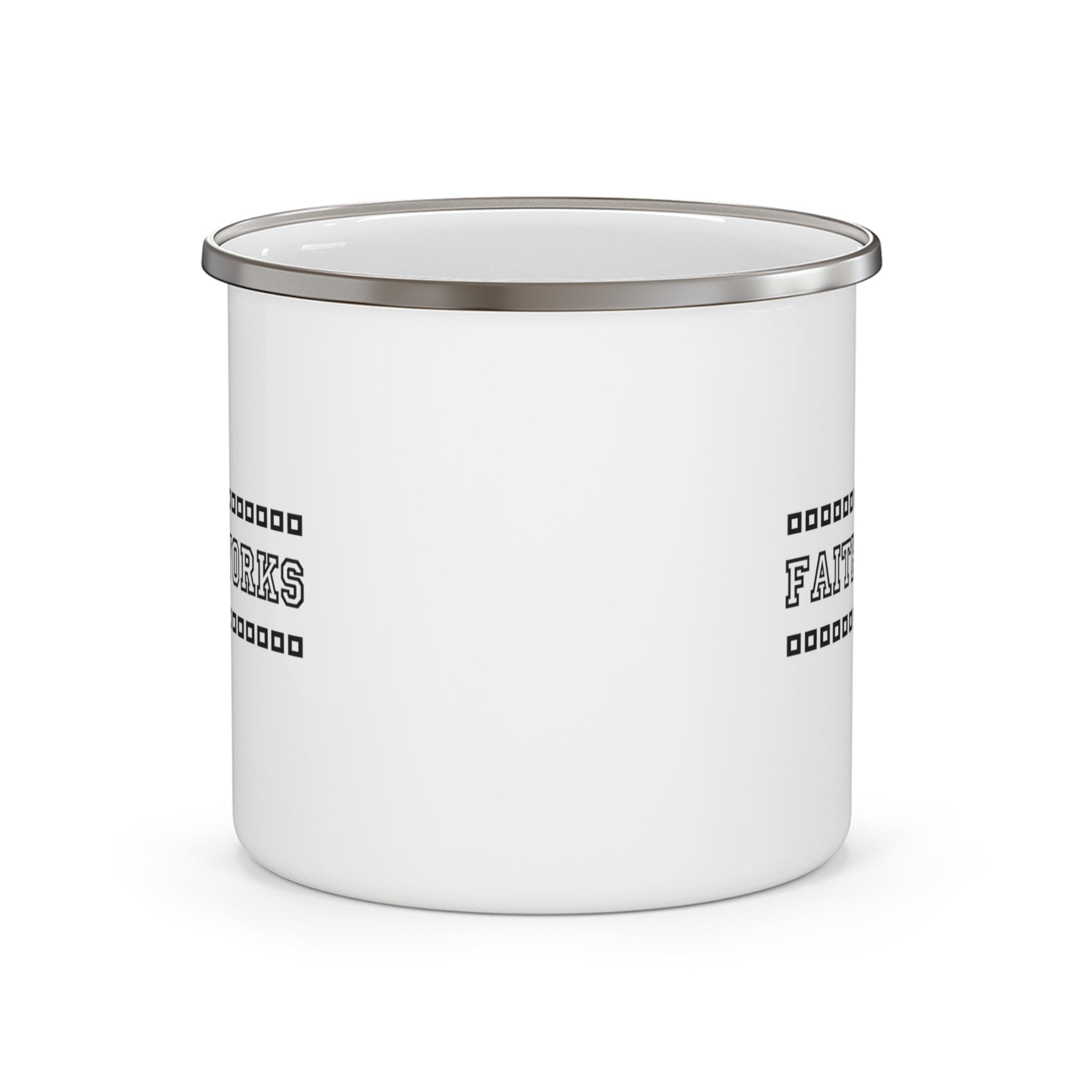 Durable Enamel Camping Mug Faith Works with a stylish design and C-handle, perfect for outdoor and indoor use.