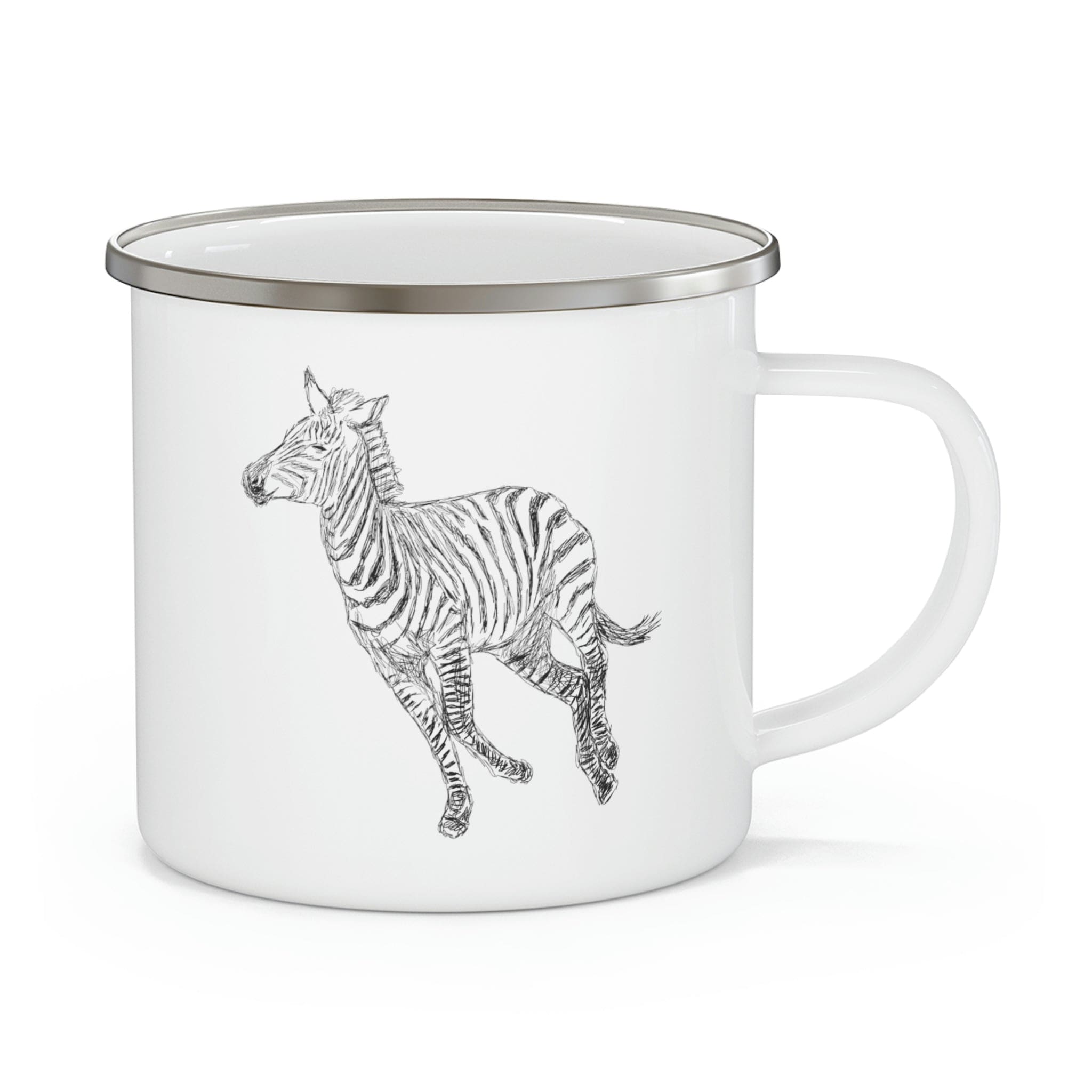 Enamel camping mug featuring a galloping zebra line art design, perfect for outdoor adventures and stylish beverage enjoyment.