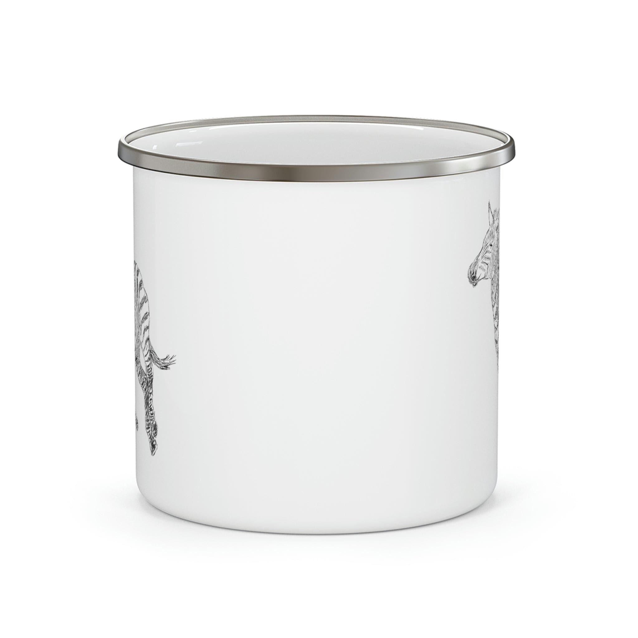 Enamel camping mug featuring a galloping zebra line art design, perfect for outdoor adventures and stylish beverage enjoyment.