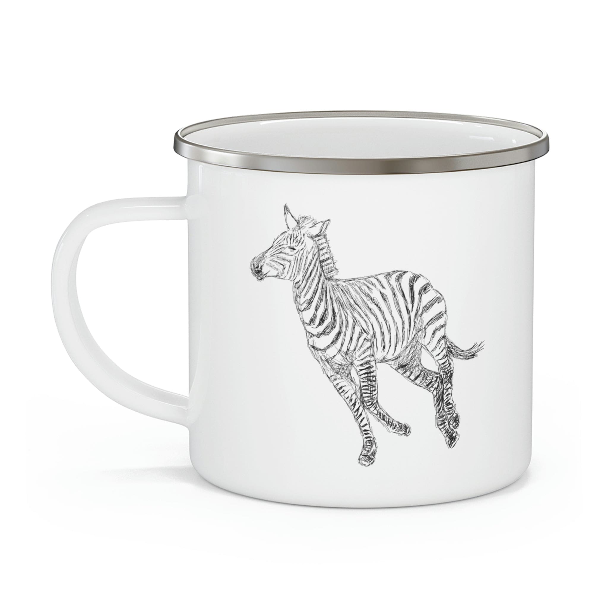 Enamel camping mug featuring a galloping zebra line art design, perfect for outdoor adventures and stylish beverage enjoyment.