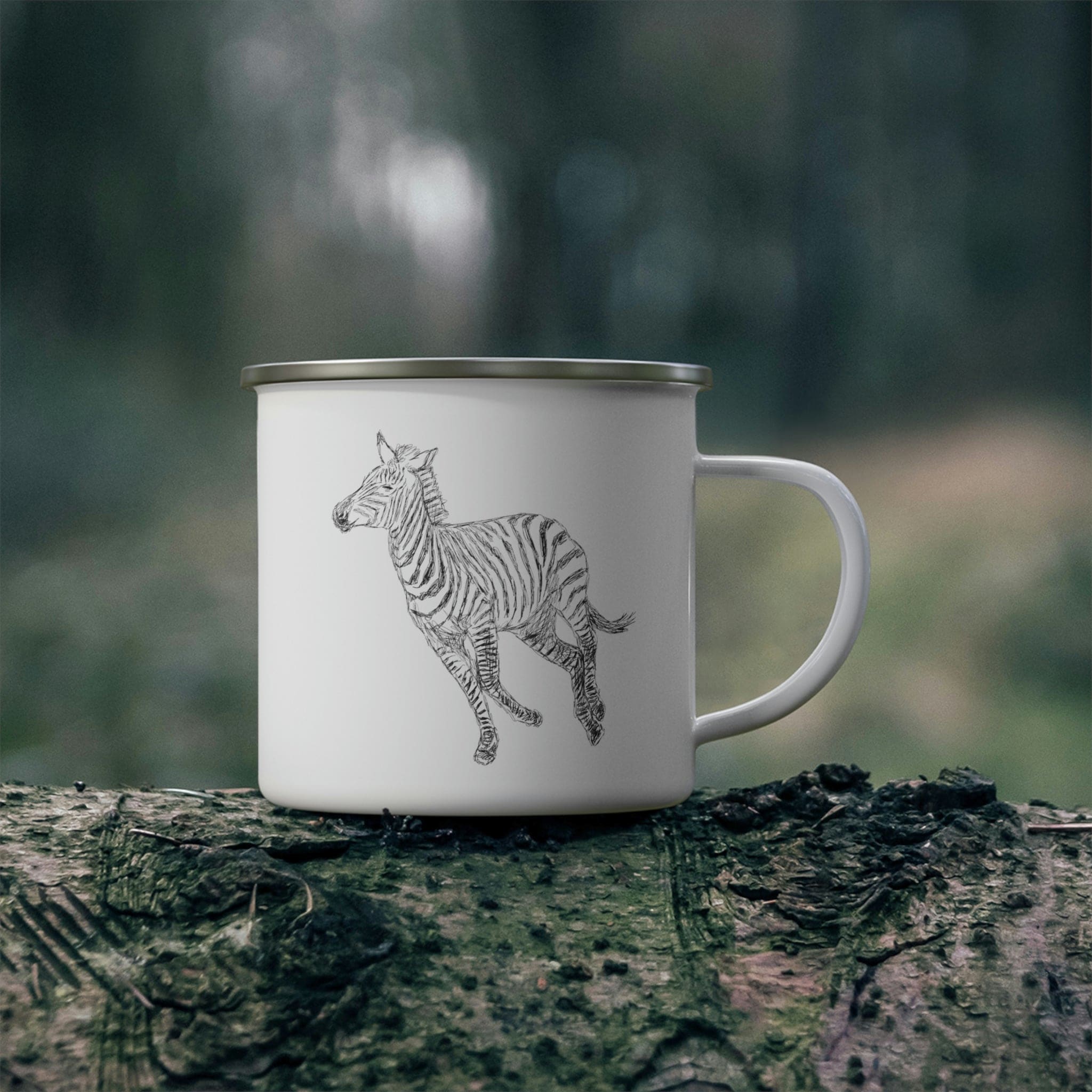 Enamel camping mug featuring a galloping zebra line art design, perfect for outdoor adventures and stylish beverage enjoyment.