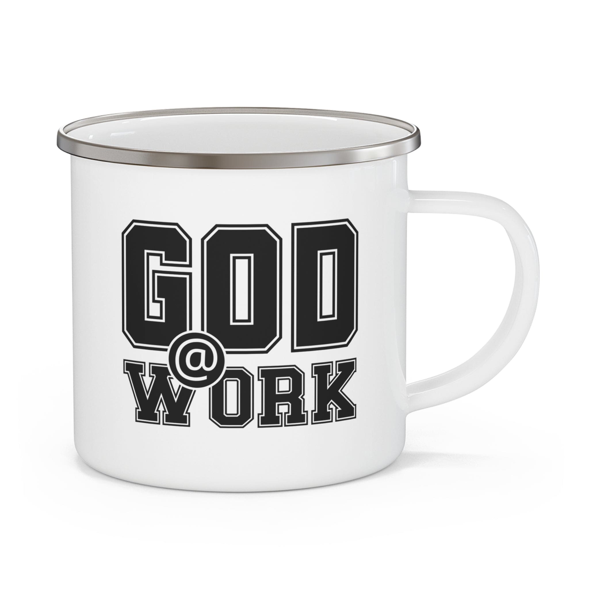 Durable enamel camping mug with God @ Work black and white print, perfect for coffee and outdoor activities.