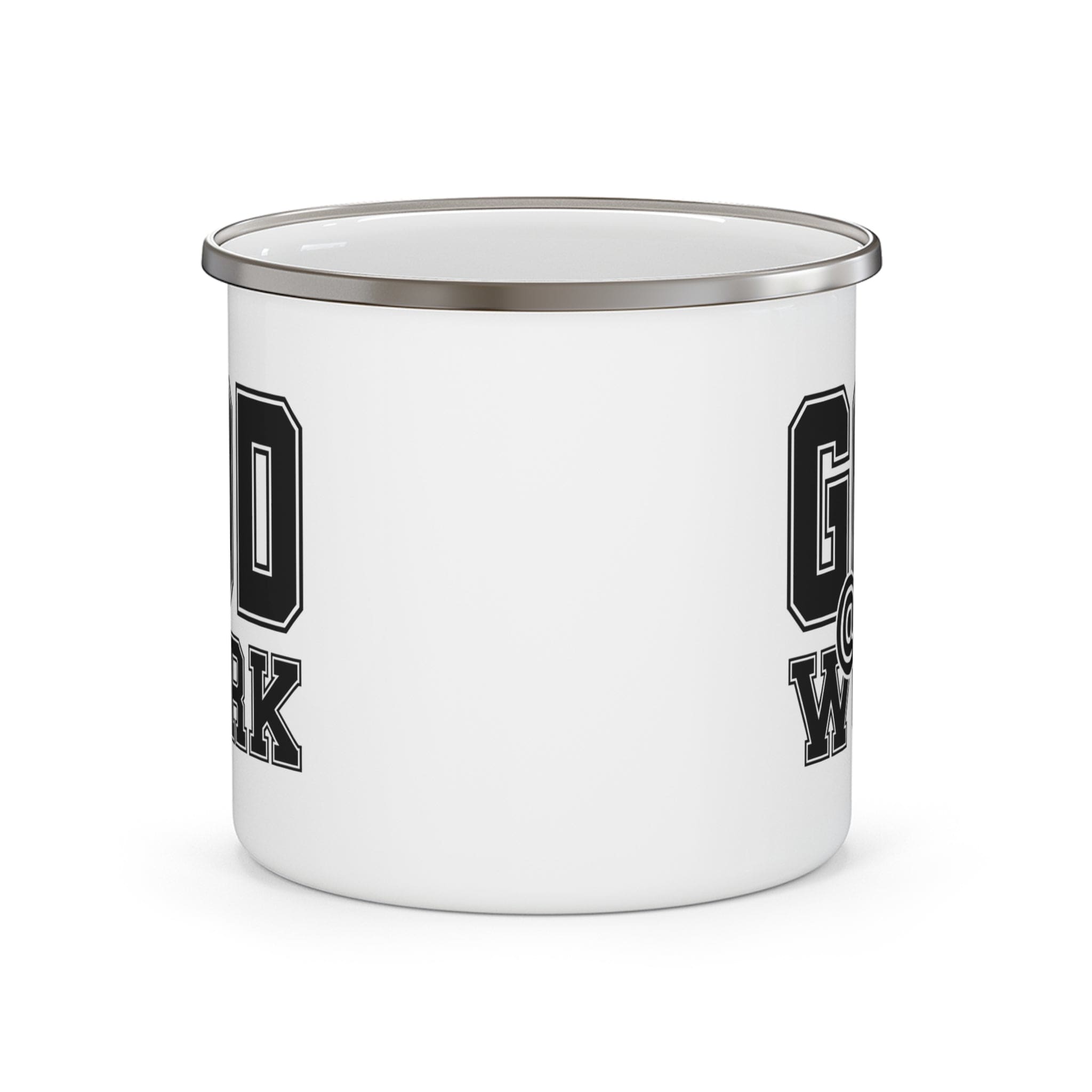 Durable enamel camping mug with God @ Work black and white print, perfect for coffee and outdoor activities.