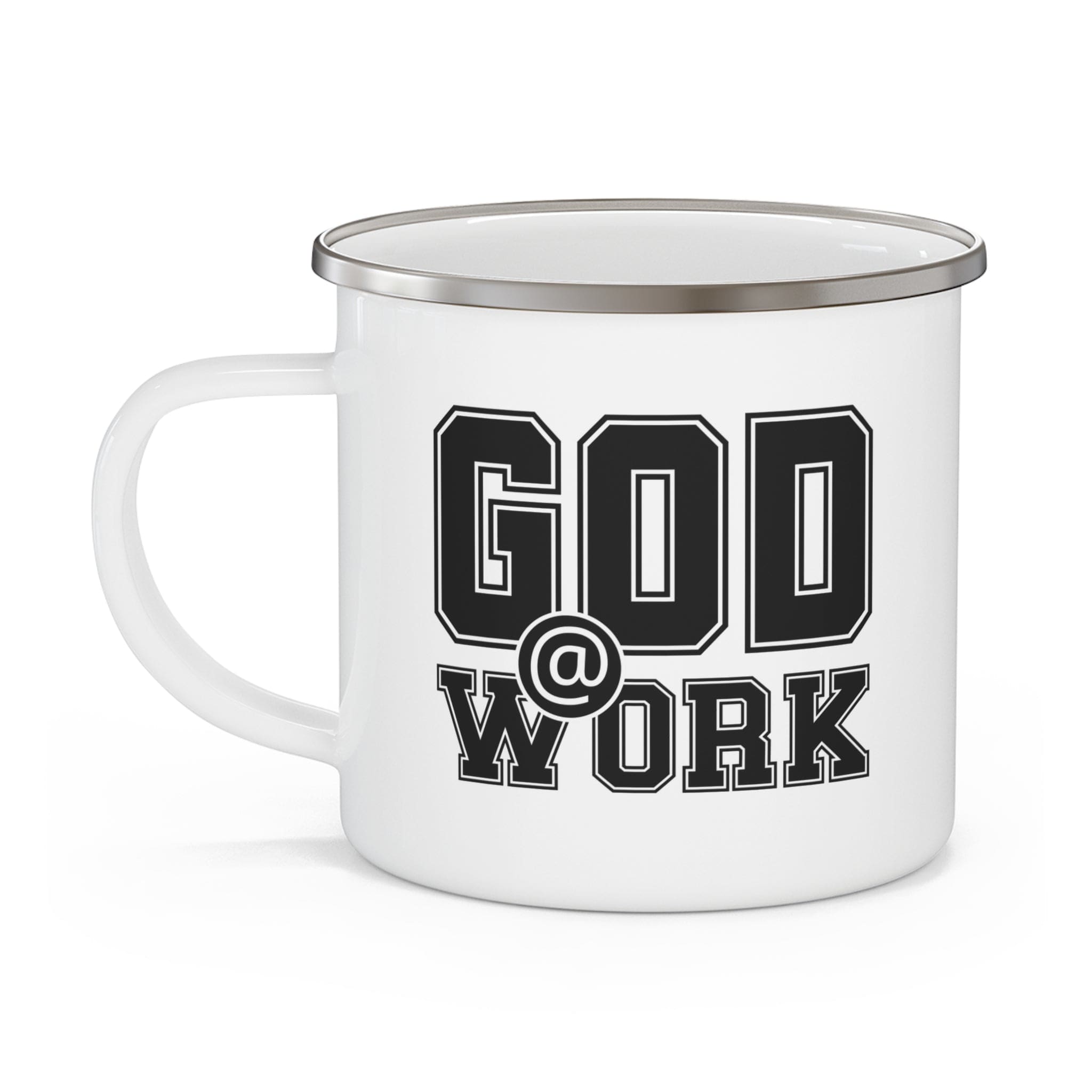 Durable enamel camping mug with God @ Work black and white print, perfect for coffee and outdoor activities.