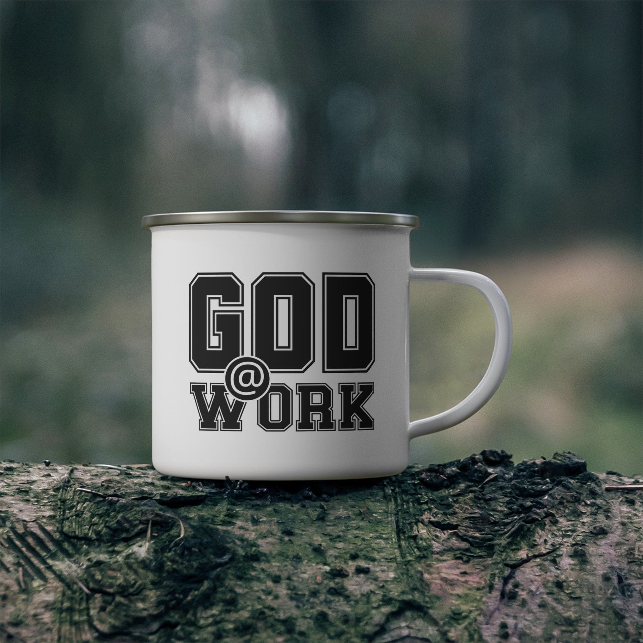 Durable enamel camping mug with God @ Work black and white print, perfect for coffee and outdoor activities.