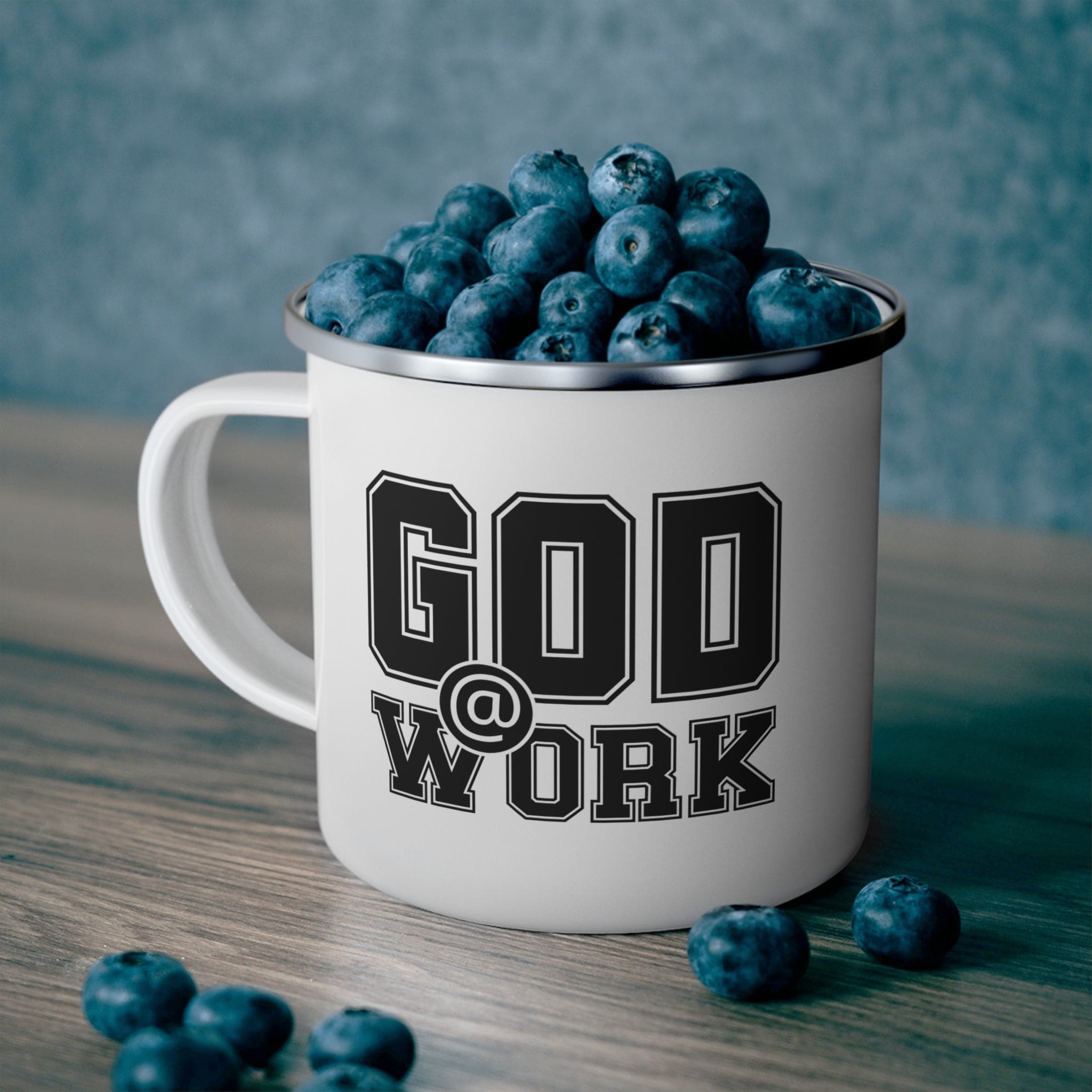 Durable enamel camping mug with God @ Work black and white print, perfect for coffee and outdoor activities.