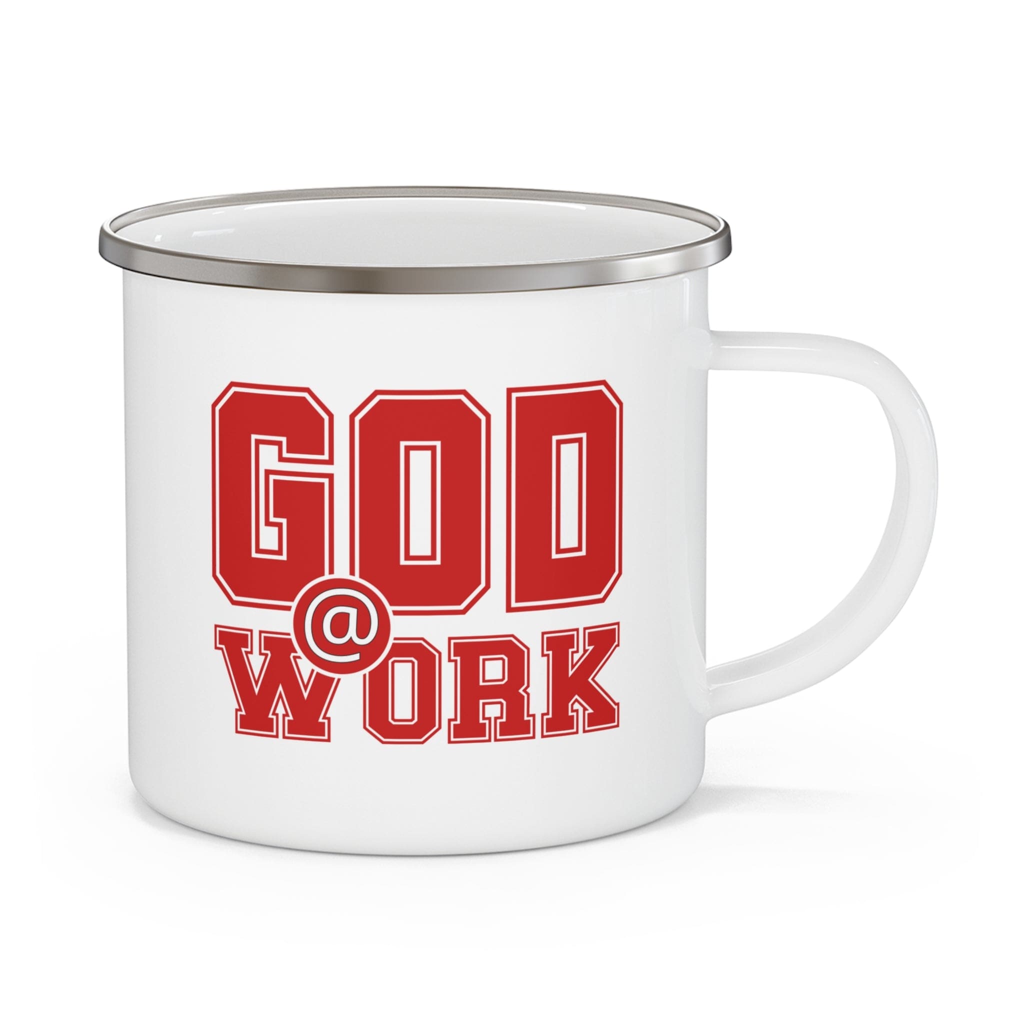 God @ Work Enamel Camping Mug in red and white, showcasing its durable design and stylish print.