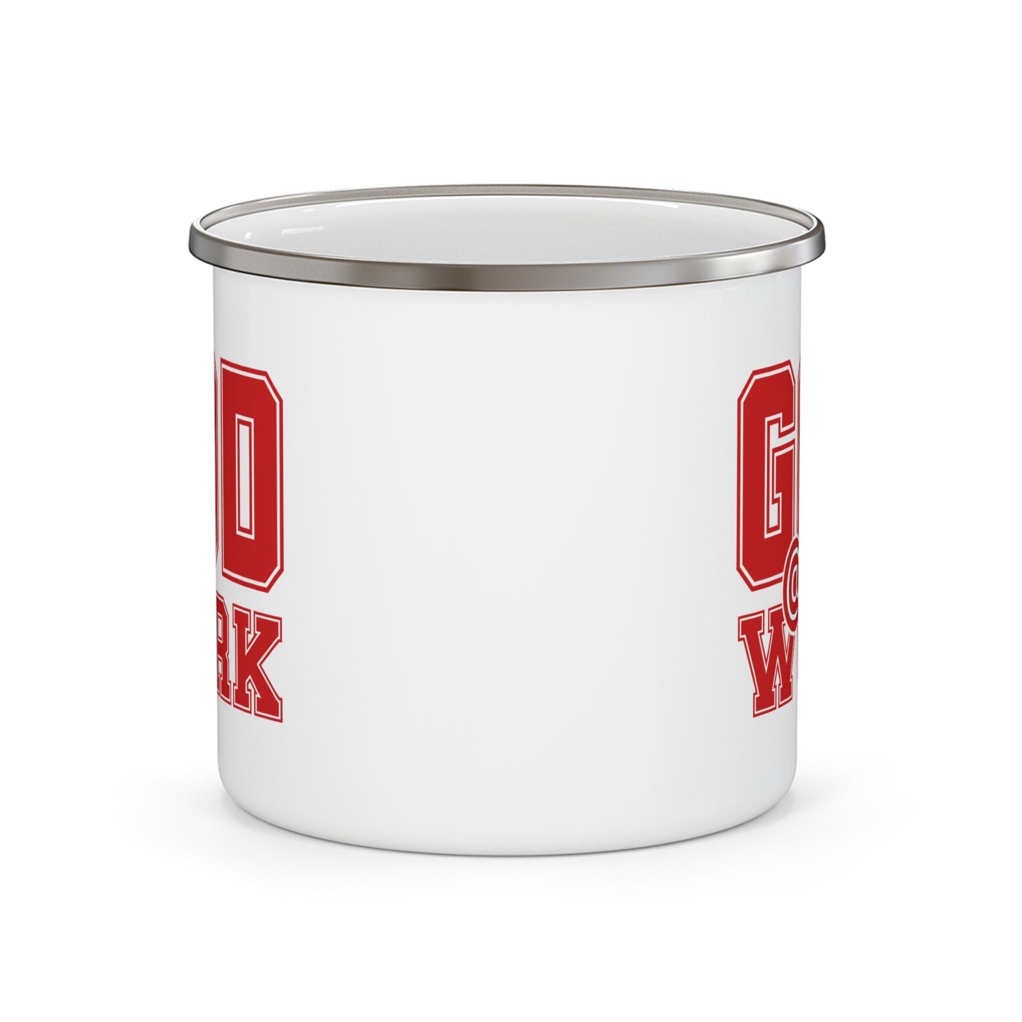 God @ Work Enamel Camping Mug in red and white, showcasing its durable design and stylish print.