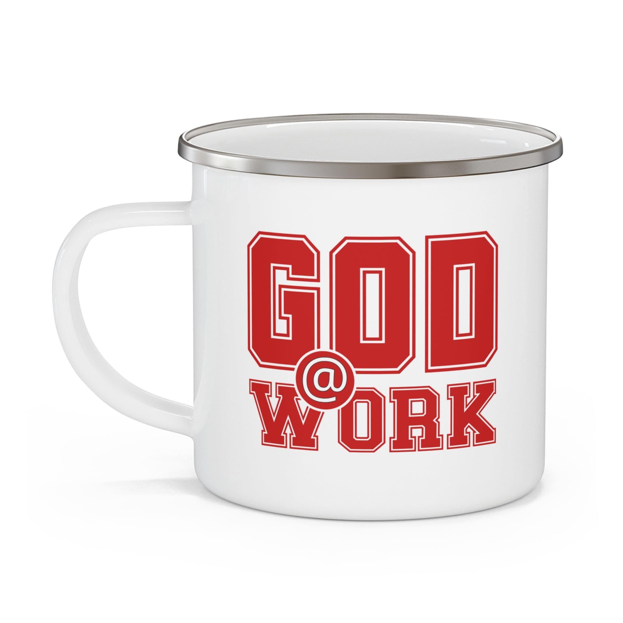 God @ Work Enamel Camping Mug in red and white, showcasing its durable design and stylish print.