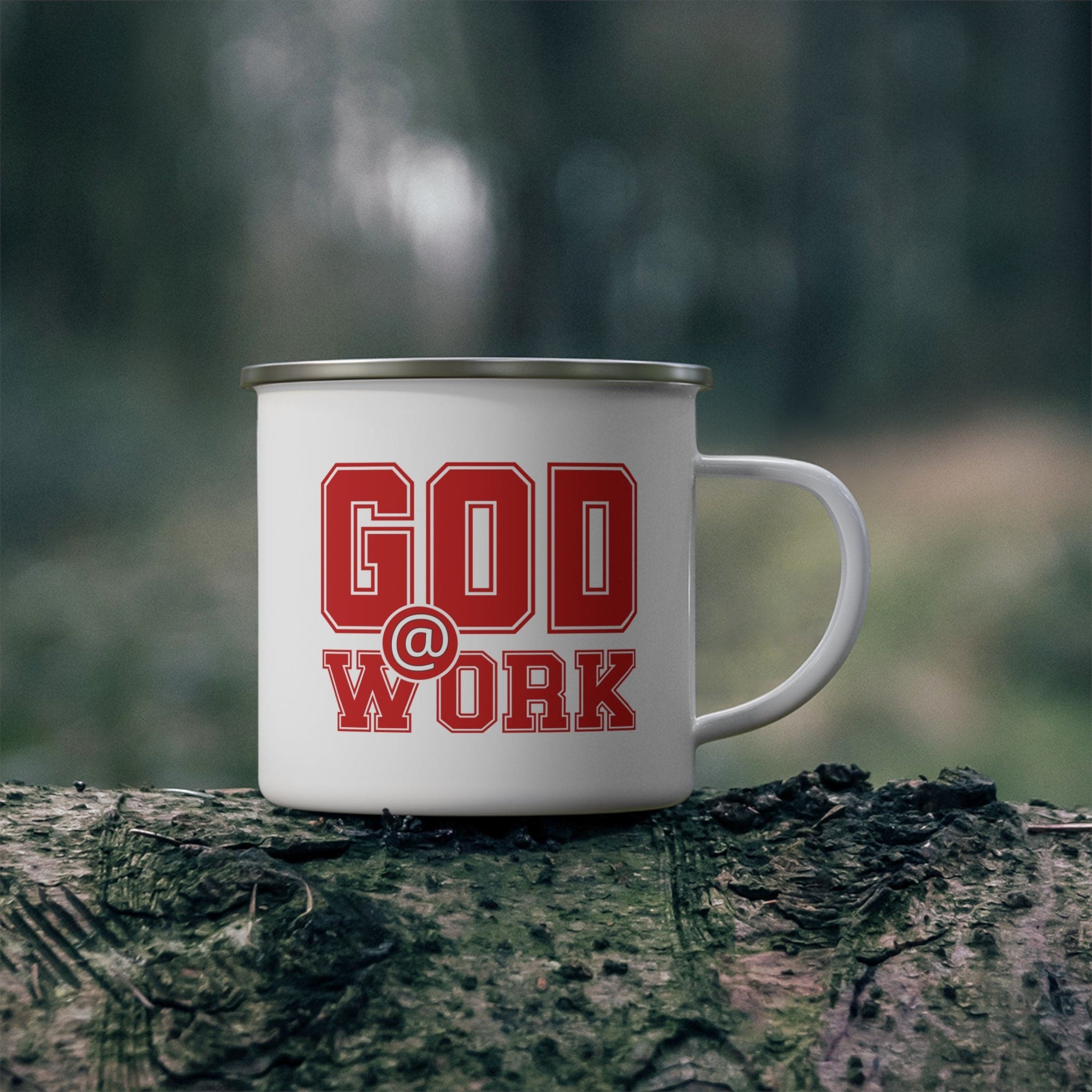 God @ Work Enamel Camping Mug in red and white, showcasing its durable design and stylish print.