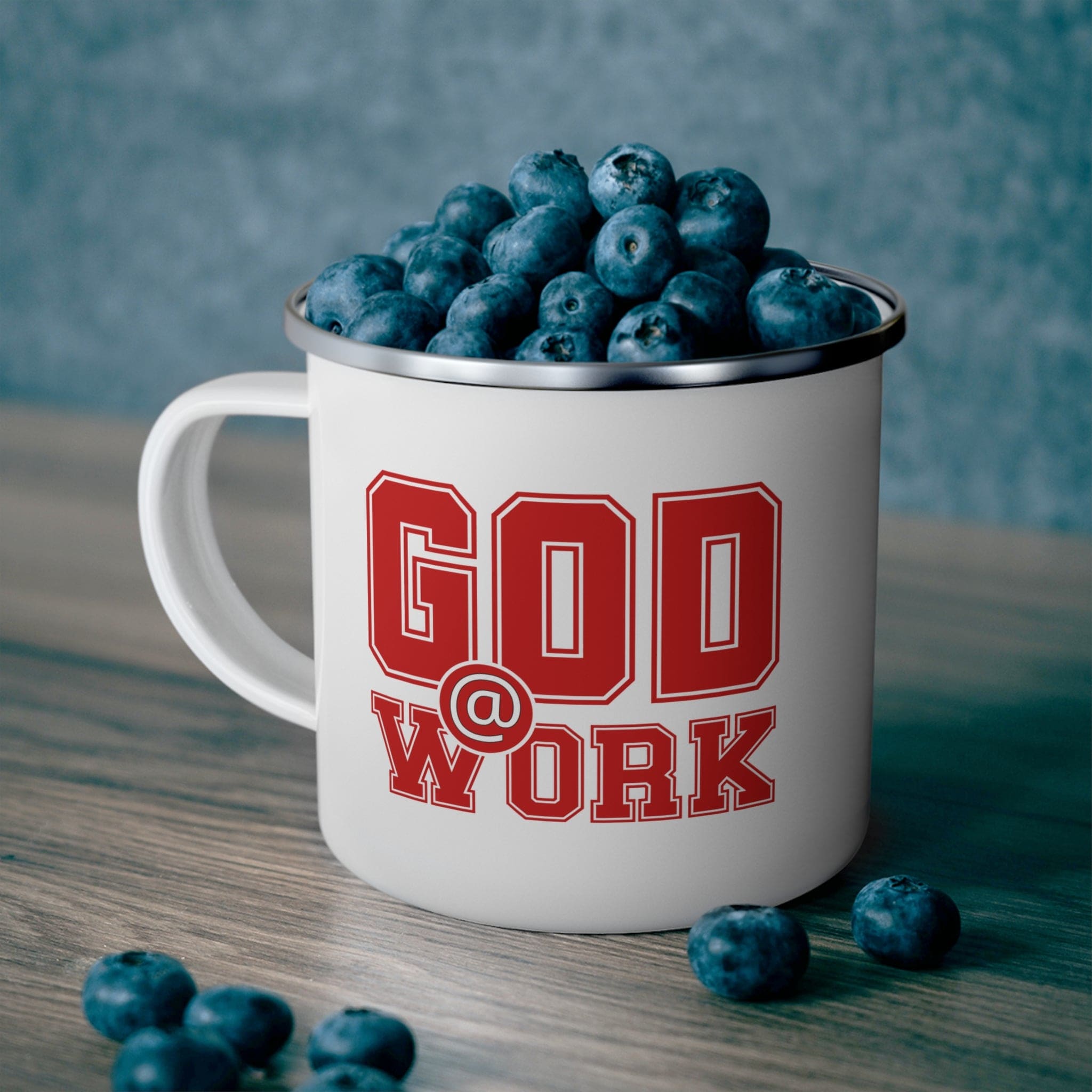 God @ Work Enamel Camping Mug in red and white, showcasing its durable design and stylish print.