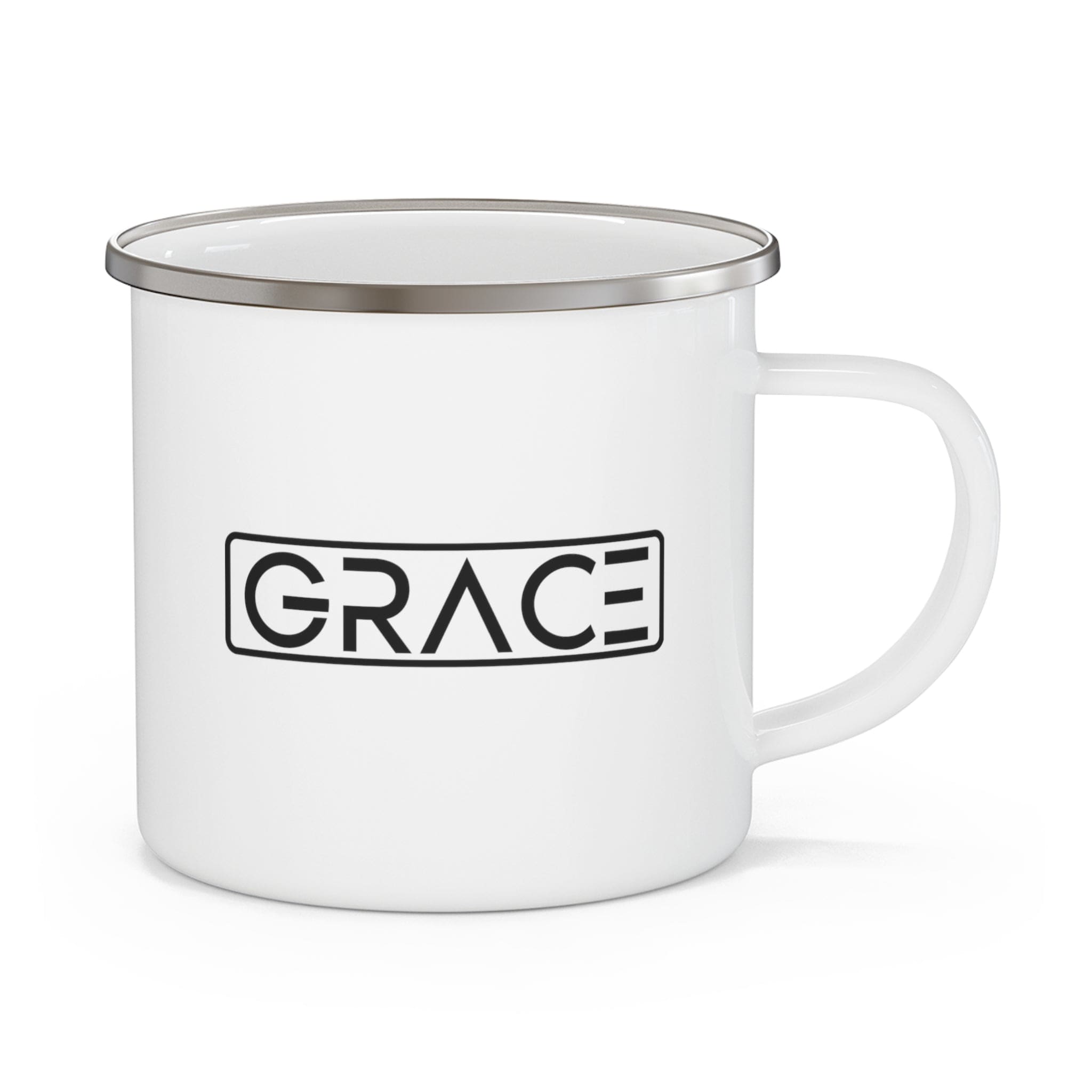 Durable enamel camping mug featuring a Grace Christian black illustration, perfect for outdoor and indoor use.