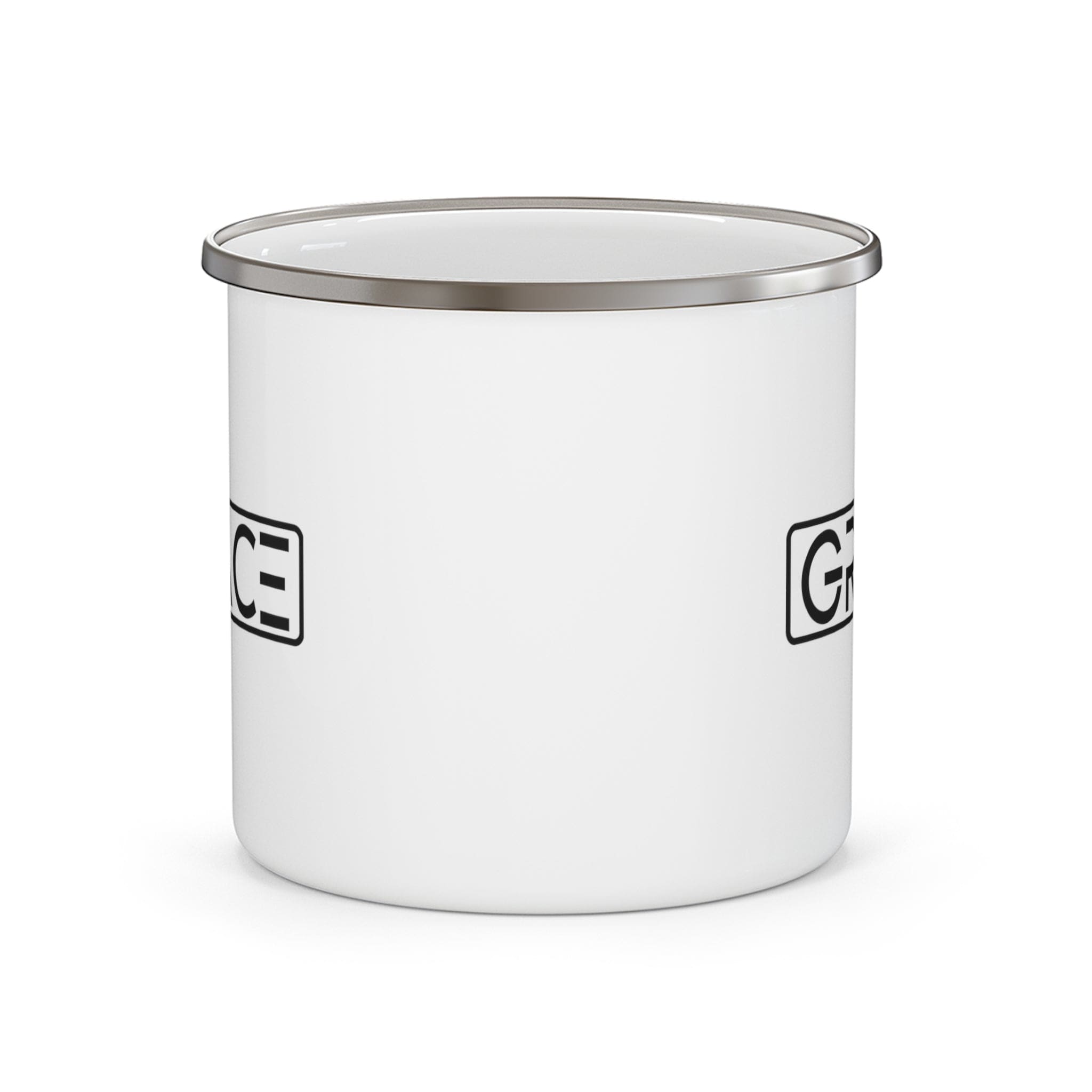 Durable enamel camping mug featuring a Grace Christian black illustration, perfect for outdoor and indoor use.