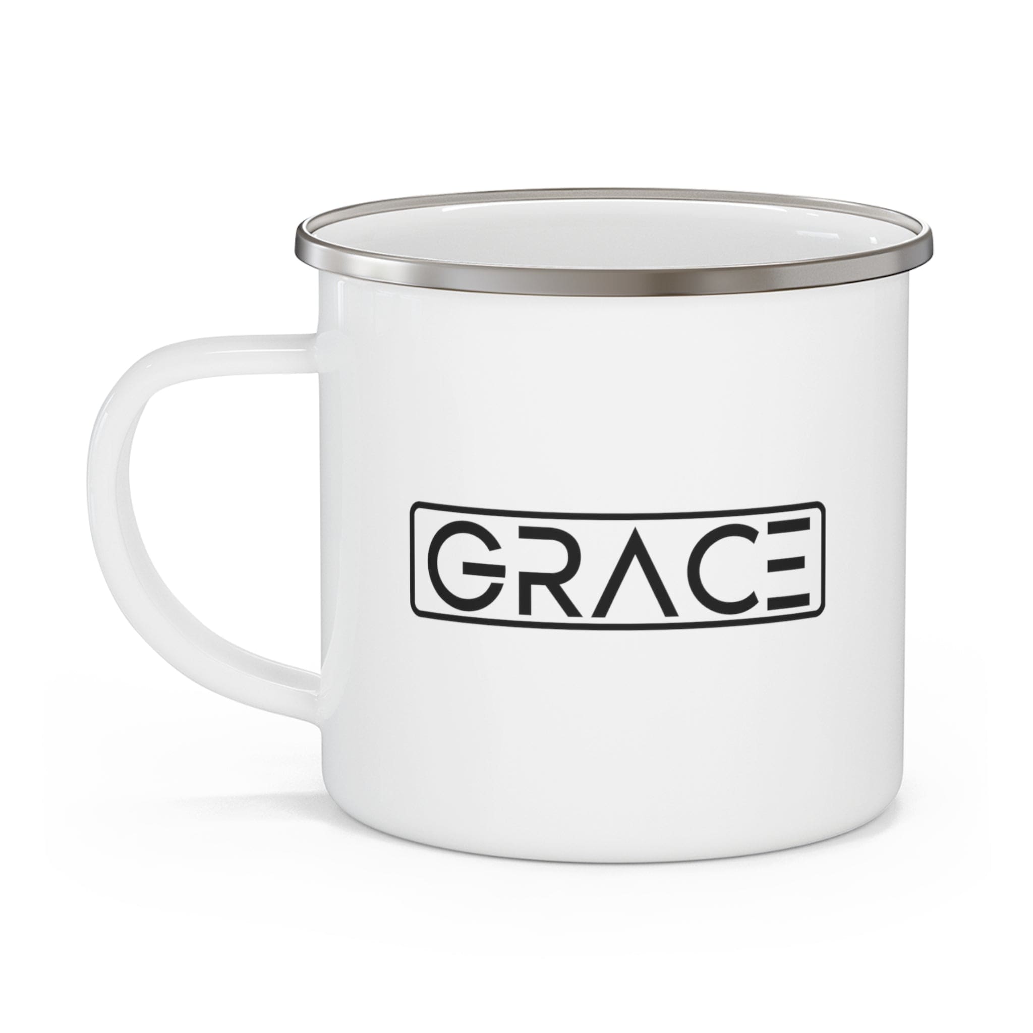 Durable enamel camping mug featuring a Grace Christian black illustration, perfect for outdoor and indoor use.